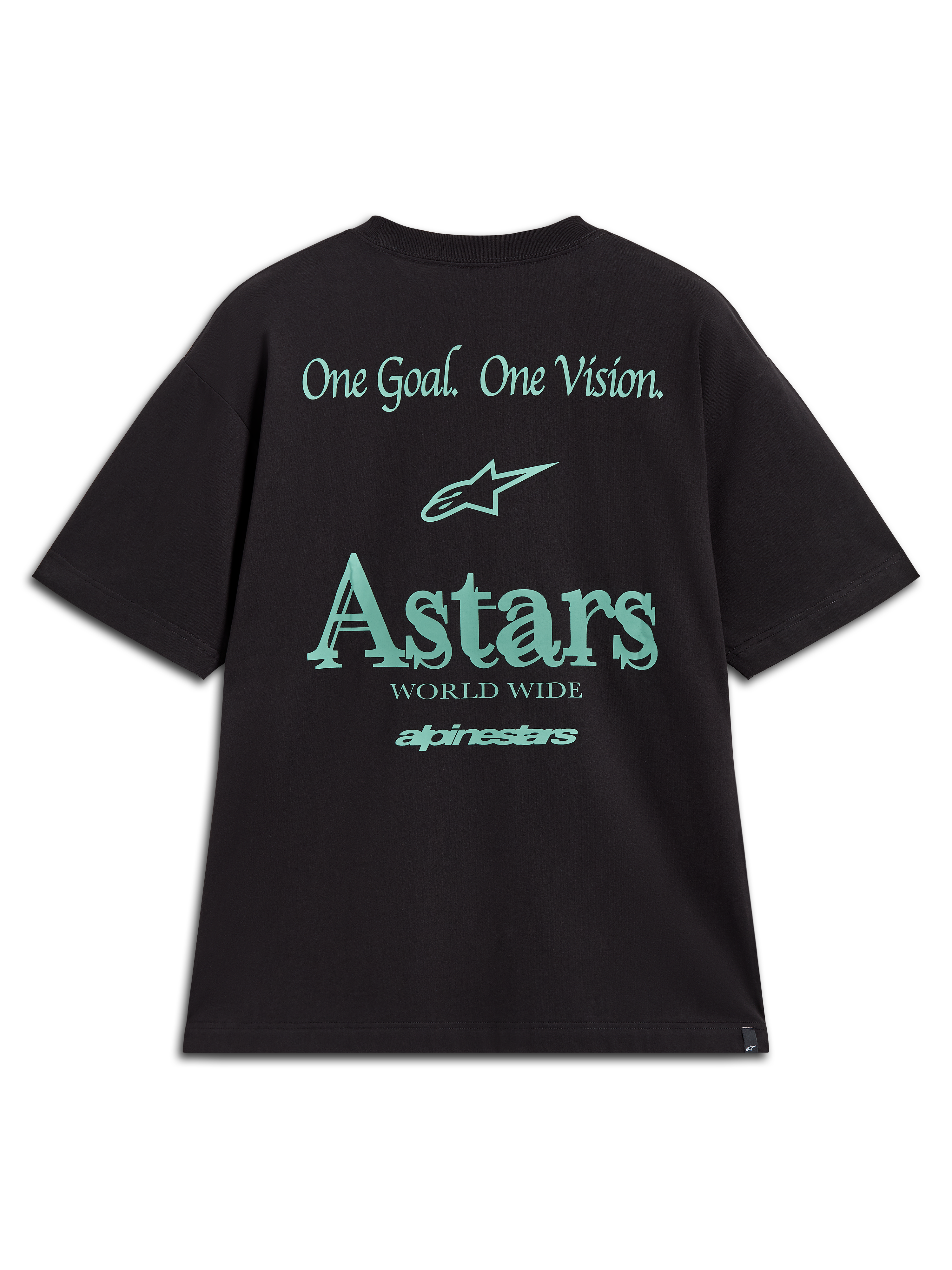 Alpinestars Post Oversized CSF Tee, czarna koszulka sportowa z krótkim rękawem, morska grafika na plecach z logo Astars oraz hasłem One Goal One Vision, odzież lifestyle w stylu motorsport