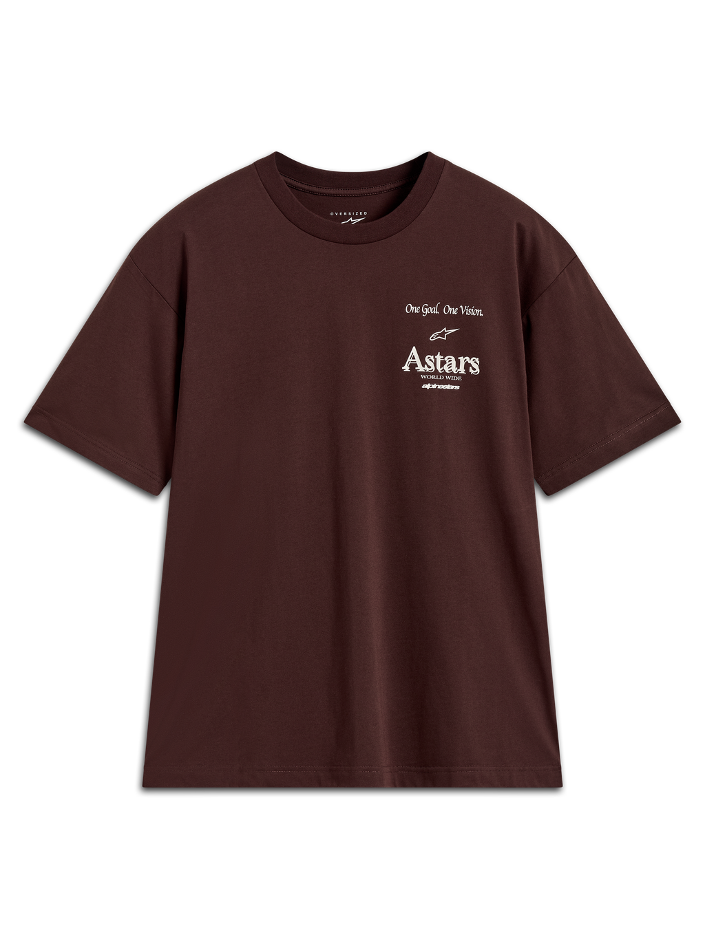 Alpinestars Post Oversized CSF Tee, ciemnobrązowa koszulka z krótkim rękawem, biała grafika logo Astars na piersi, sportowa odzież codzienna