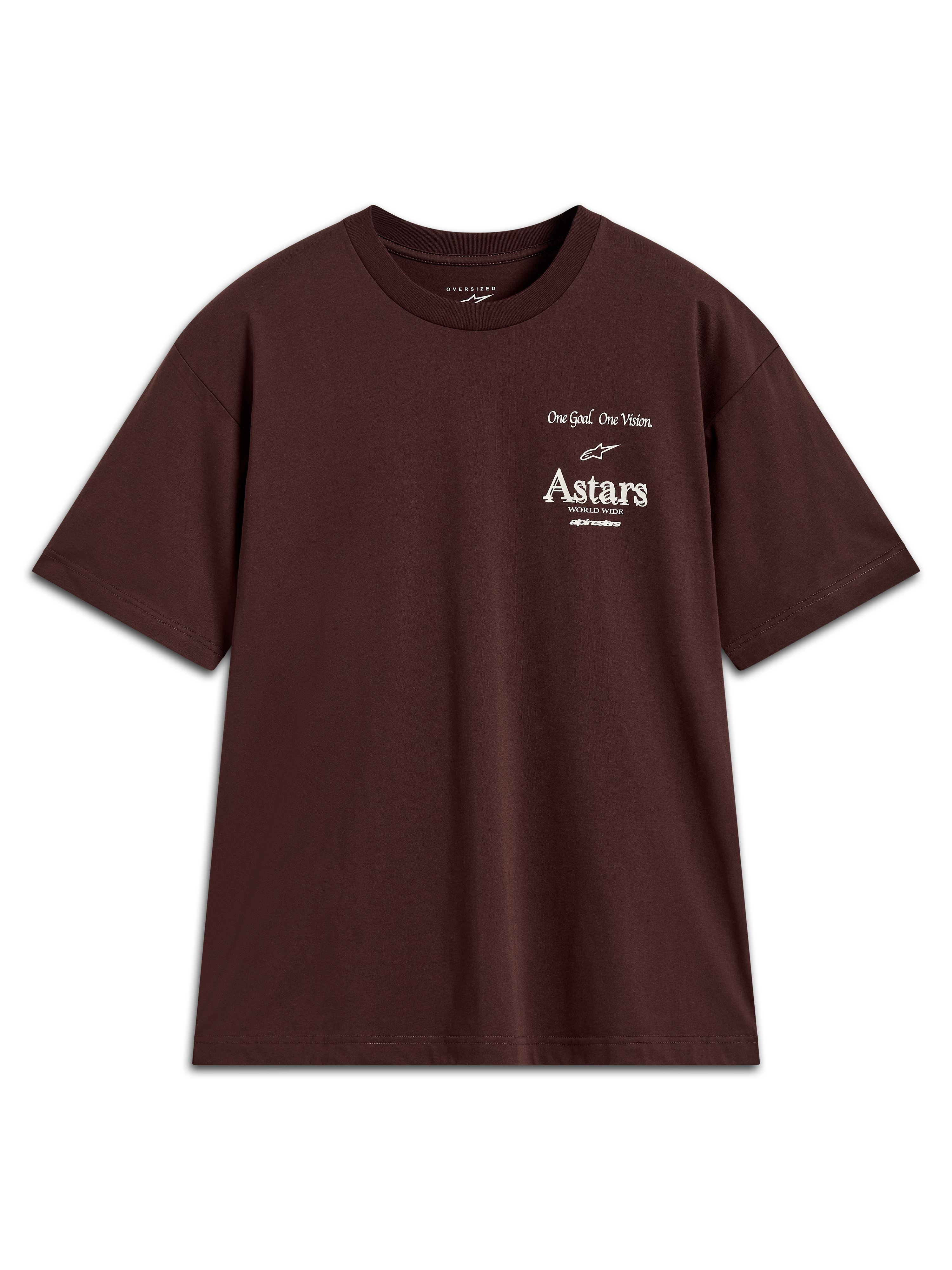 Alpinestars Post Oversized CSF Tee, ciemnobrązowa koszulka z krótkim rękawem, biała grafika logo Astars na piersi, sportowa odzież codzienna