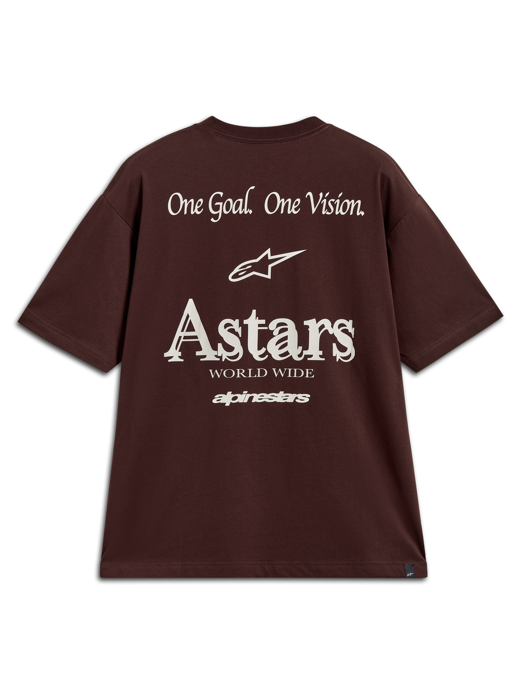 Alpinestars Post Oversized CSF Tee, brązowa koszulka, biała grafika z tyłu z logo Astars i napisem One Goal One Vision.