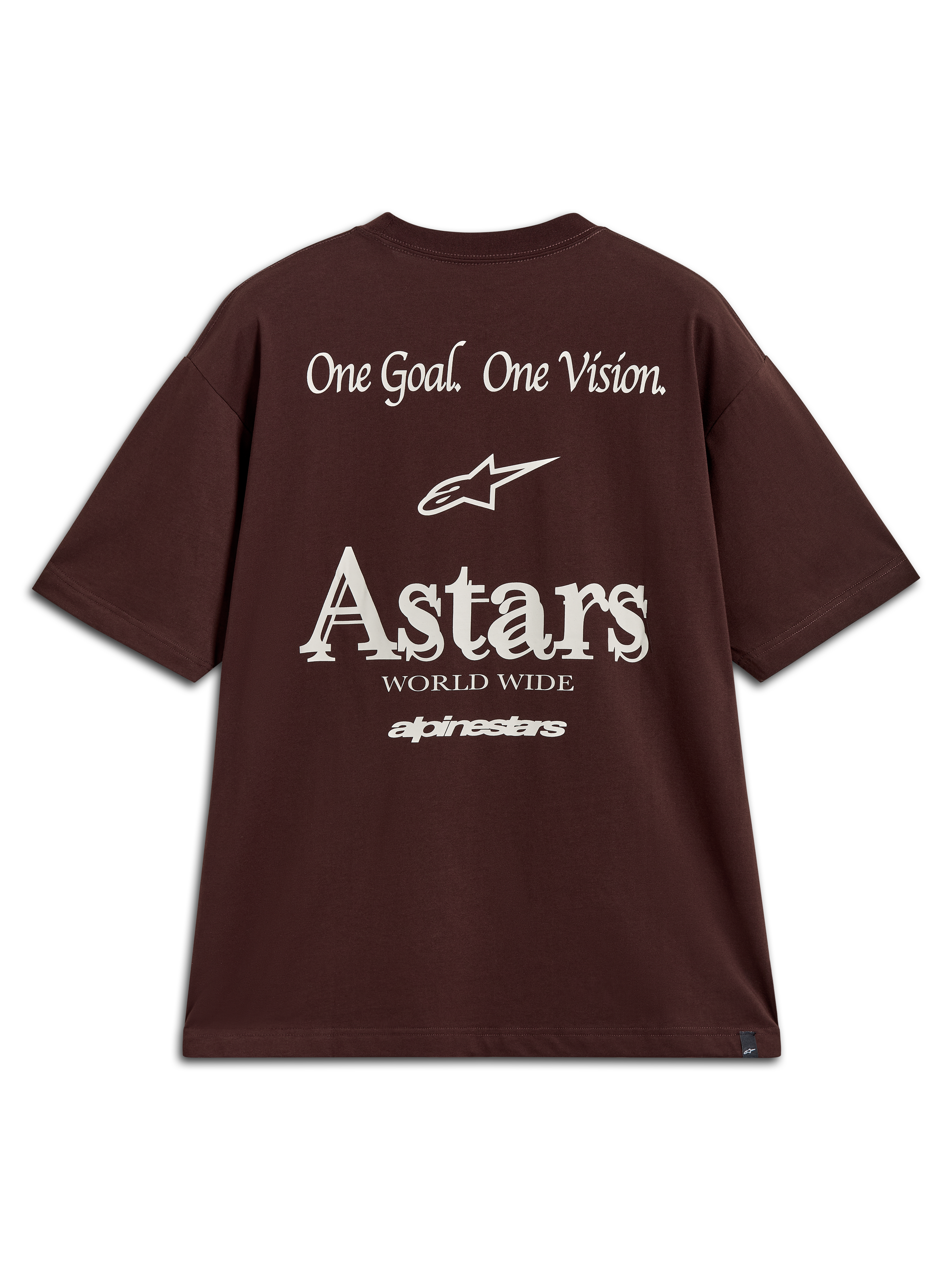 Alpinestars Post Oversized CSF Tee, brązowa koszulka, biała grafika z tyłu z logo Astars i napisem One Goal One Vision.