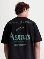 Alpinestars Koszulka Post Oversized CSF, czarna koszulka sportowa z krótkim rękawem, widok z tyłu z zieloną grafiką One Goal One Vision i logo Astars, swobodny krój oversize.
