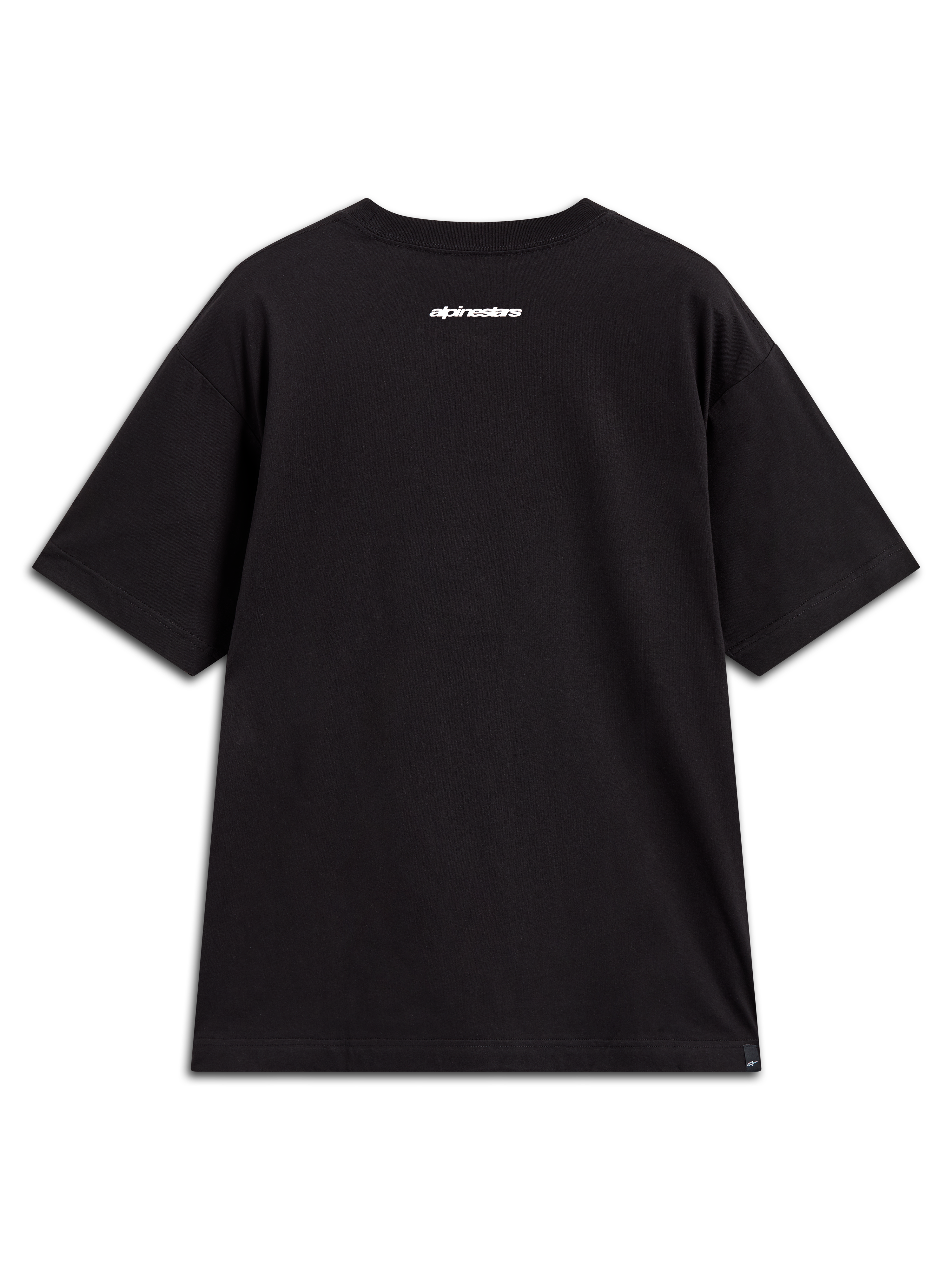 Alpinestars Mandate Oversized CSF Tee, czarna koszulka z krótkim rękawem, białe logo Alpinestars na górze pleców, sportowa odzież codzienna.