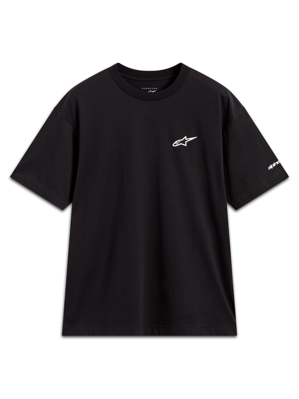 Alpinestars Mandate Oversized CSF Tee, czarna koszulka z krótkim rękawem, białe wypukłe logo i grafika na rękawie, fason oversized.