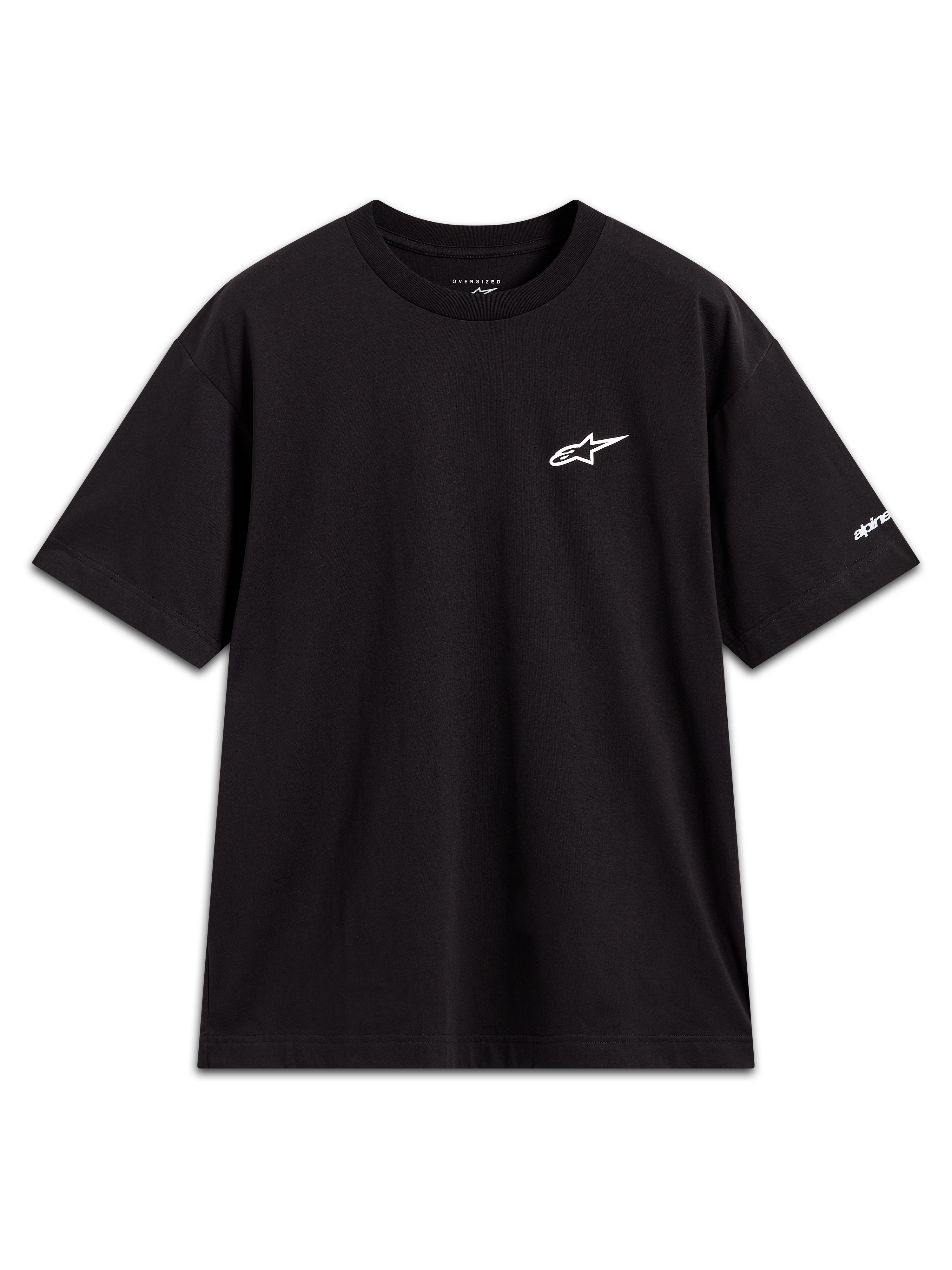 Alpinestars Mandate Oversized CSF Tee, czarna koszulka z krótkim rękawem, białe wypukłe logo i grafika na rękawie, fason oversized.