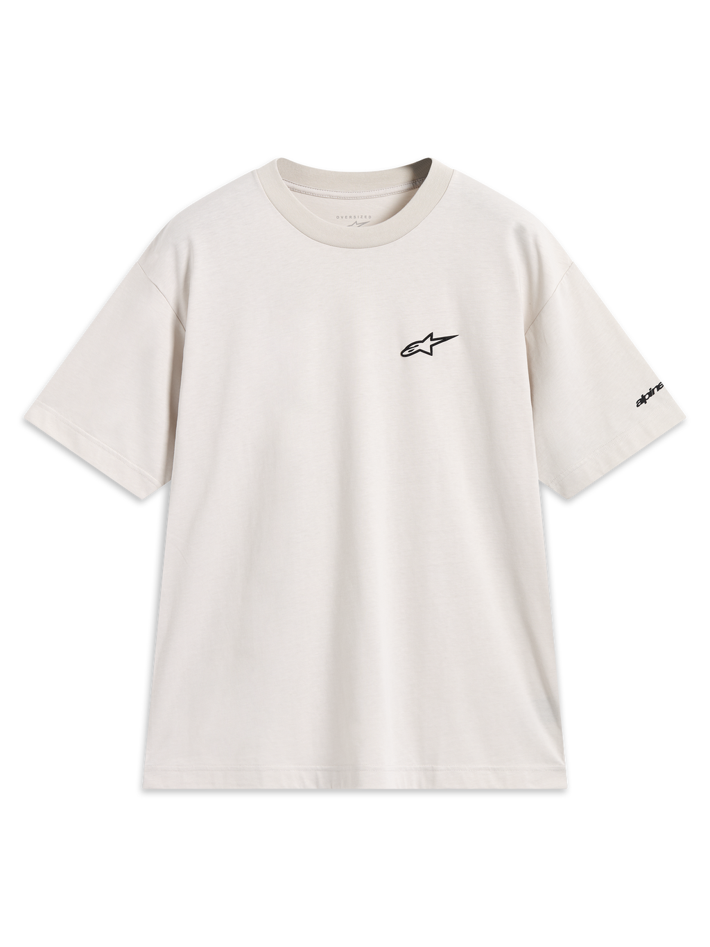 Alpinestars Mandate Oversized CSF Tee, beżowa koszulka z krótkim rękawem, czarne wypukłe logo Astars na piersi, swobodny krój oversize, sportowa odzież lifestyle.