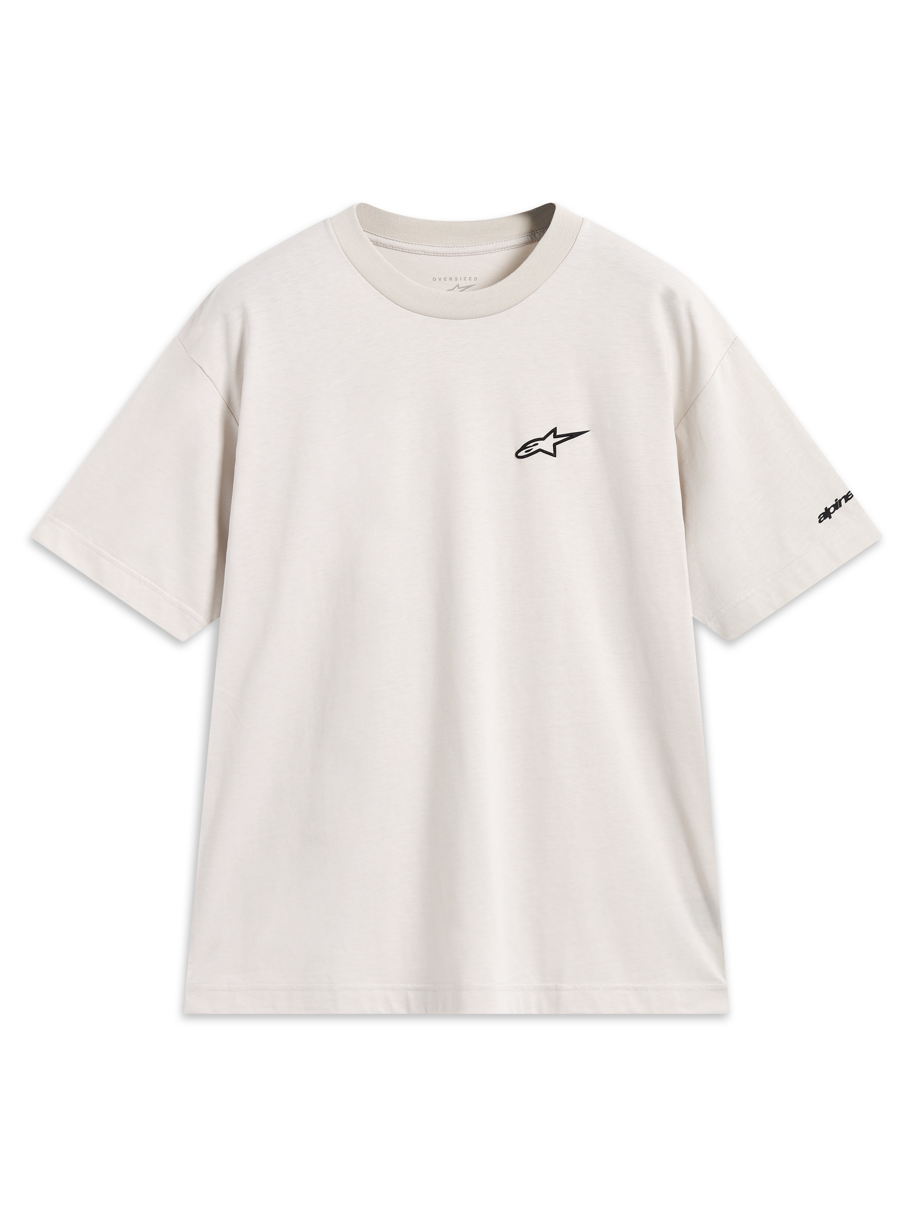 Alpinestars Mandate Oversized CSF Tee, beżowa koszulka z krótkim rękawem, czarne wypukłe logo Astars na piersi, swobodny krój oversize, sportowa odzież lifestyle.