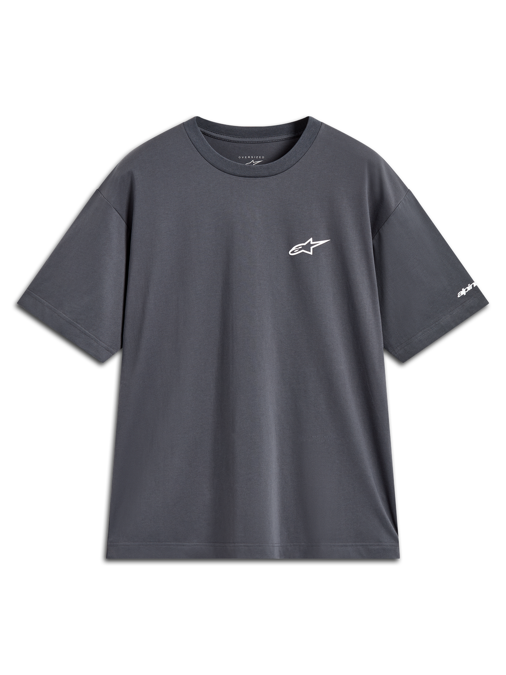 Alpinestars Mandate Oversized CSF Tee, charcoal gray short-sleeve sportswear shirt with white puff-print logo.