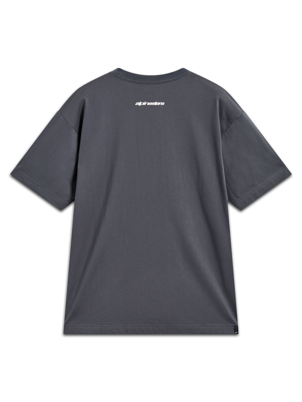 Alpinestars Mandate Oversized CSF Tee, charcoal gray short sleeve t-shirt with white back word graphic, casual sportswear.