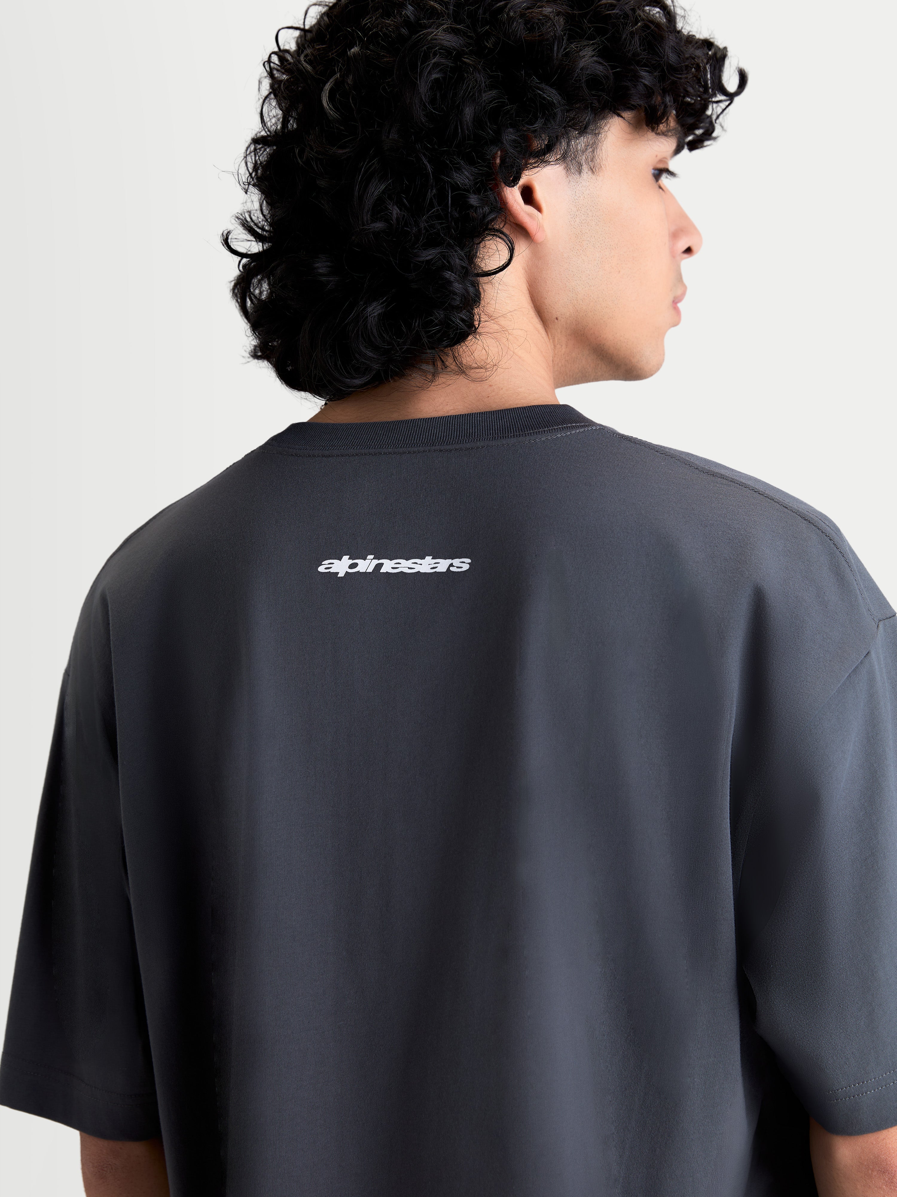 Alpinestars Mandate Oversized CSF Tee, Men's and Women's Casual Sportswear, Gray, featuring a white puff-print Alpinestars wordmark graphic on the back, soft cotton-poly blend, relaxed oversized fit.
