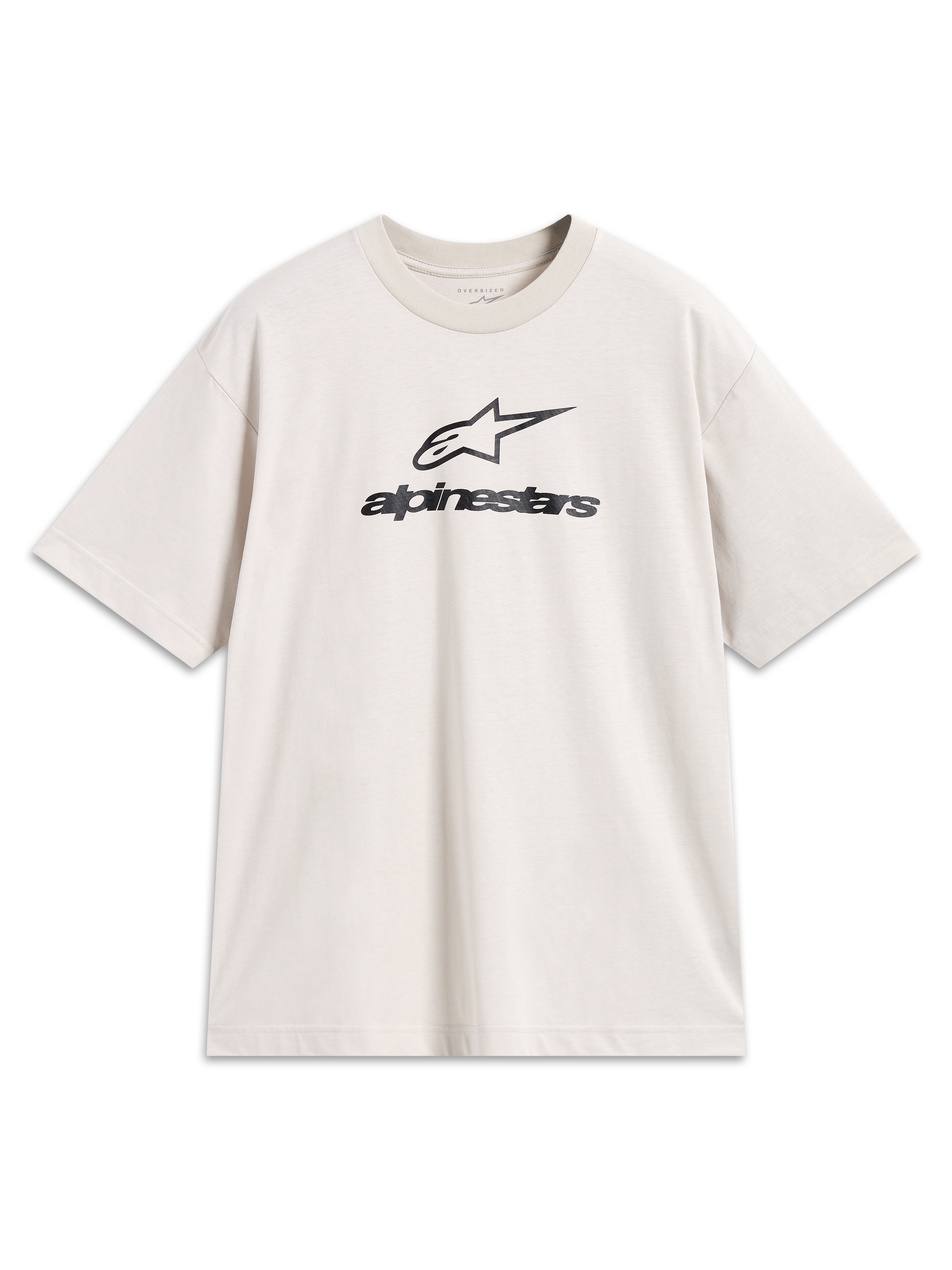 Alpinestars Prelude Oversized CSF Tee in Sand, featuring black stacked logos on a soft cotton-poly short sleeve shirt.