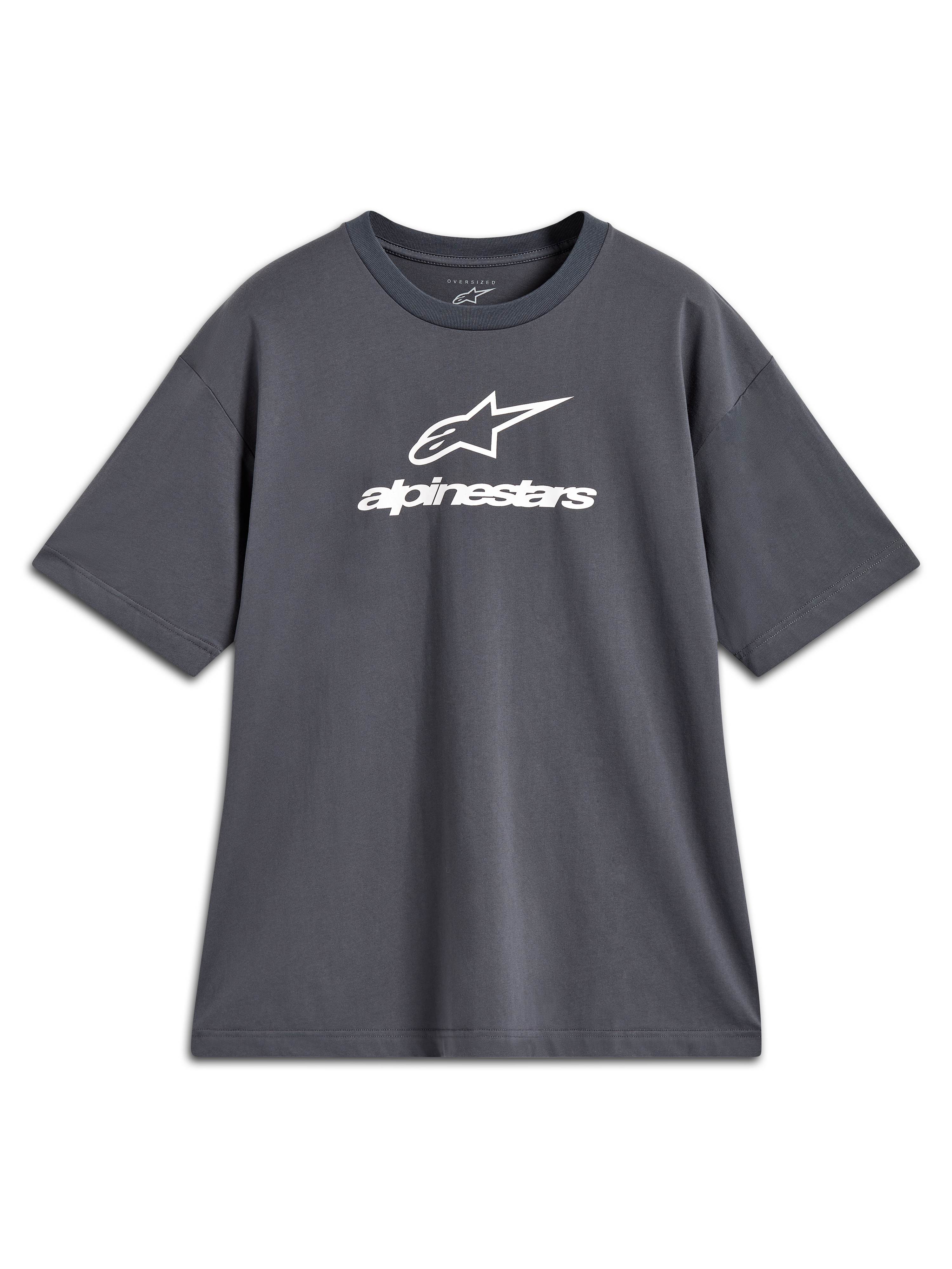 Alpinestars Prelude Oversized CSF Tee, szara koszulka z krótkim rękawem i białym logo na przodzie, krój oversize.