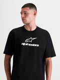 Alpinestars Prelude Oversized CSF Tee, Men's Sportswear Short Sleeve T-Shirt, Black and White, soft cotton-poly blend, featuring front Astars stacked logo and branding in a relaxed, oversized fit.