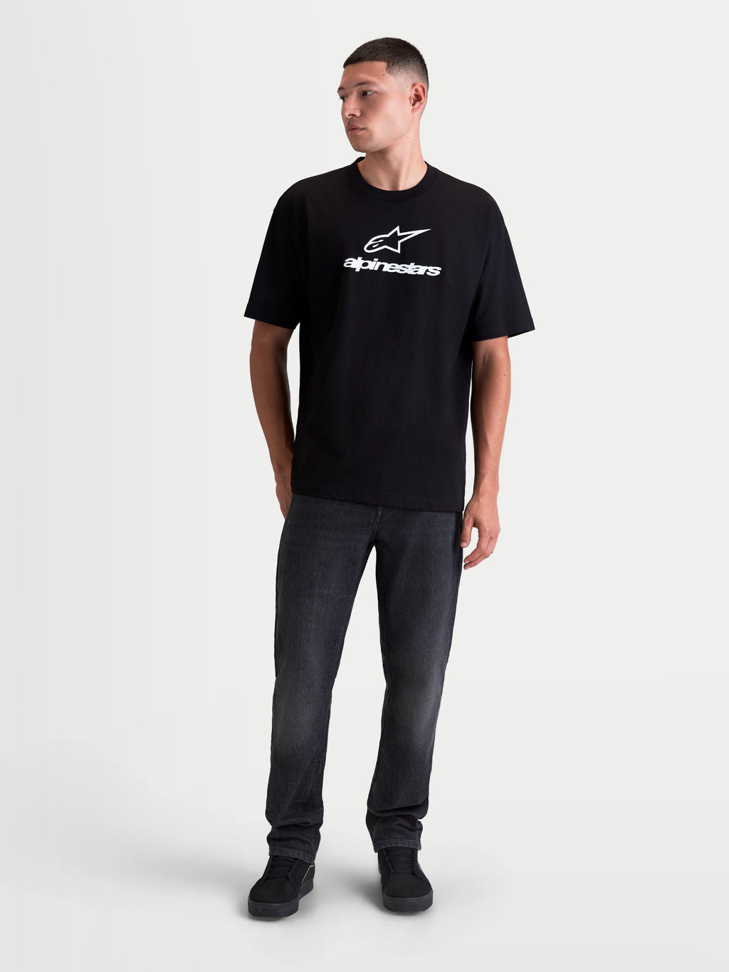 Alpinestars Prelude Oversized CSF Tee, Short Sleeve Sportswear, Black with White Front Logo Graphic, Relaxed Fit Cotton-Poly Construction, On-Model Front View
