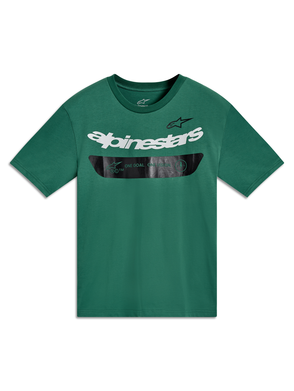 Alpinestars Singular CSF Tee, zielona koszulka z krótkim rękawem, biały napis Alpinestars i czarny pasek, odzież sportowa.