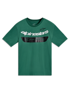 Alpinestars Singular CSF Tee, zielona koszulka z krótkim rękawem, biały napis Alpinestars i czarny pasek, odzież sportowa.