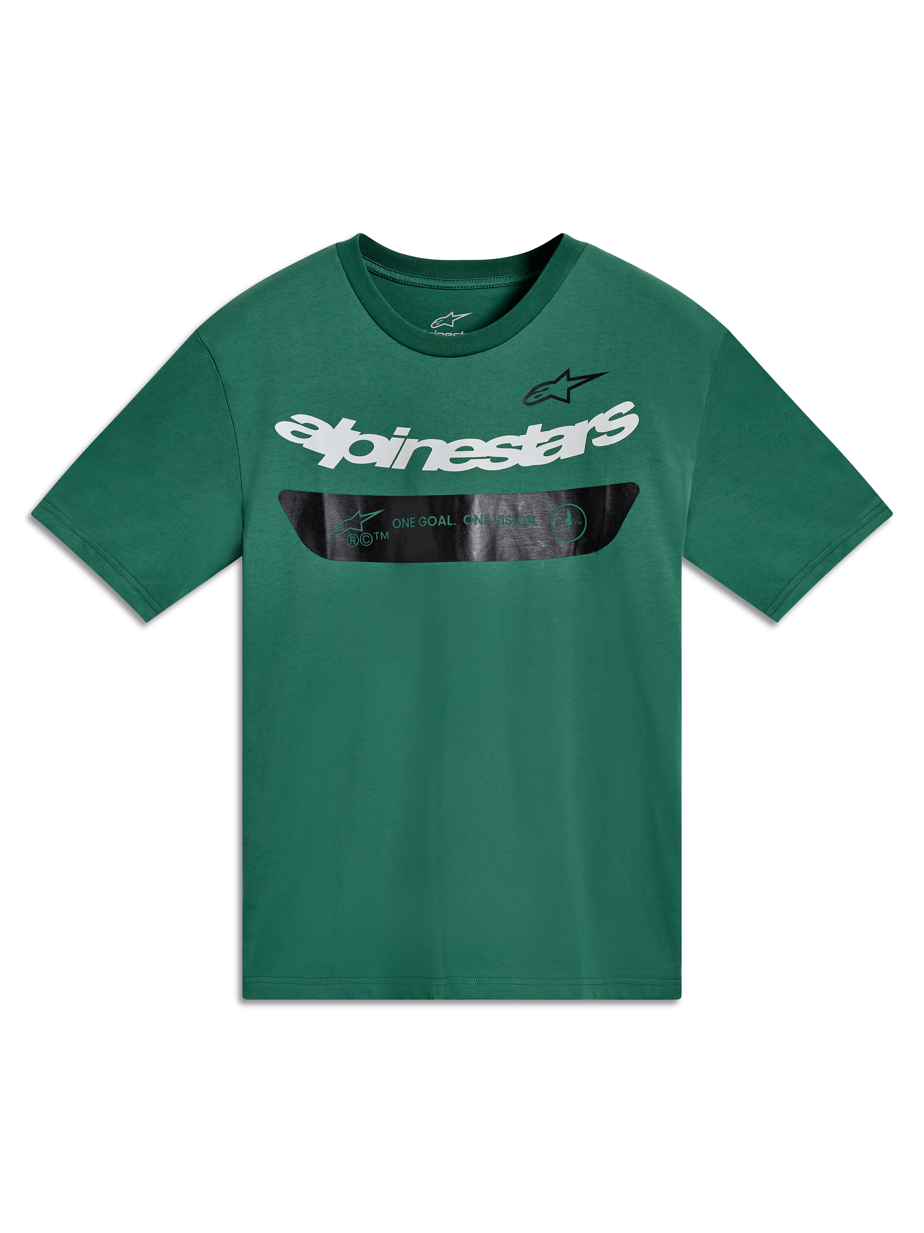 Alpinestars Singular CSF Tee, zielona koszulka z krótkim rękawem, biały napis Alpinestars i czarny pasek, odzież sportowa.