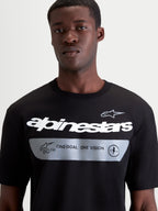 Alpinestars Singular CSF Tee, Short Sleeve Casual Sportswear T-shirt, Black with white Alpinestars word graphic and "ONE GOAL. ONE VISION." brand manifesto, premium combed ring-spun cotton blend, on-model front close-up view showing chest graphic detail.