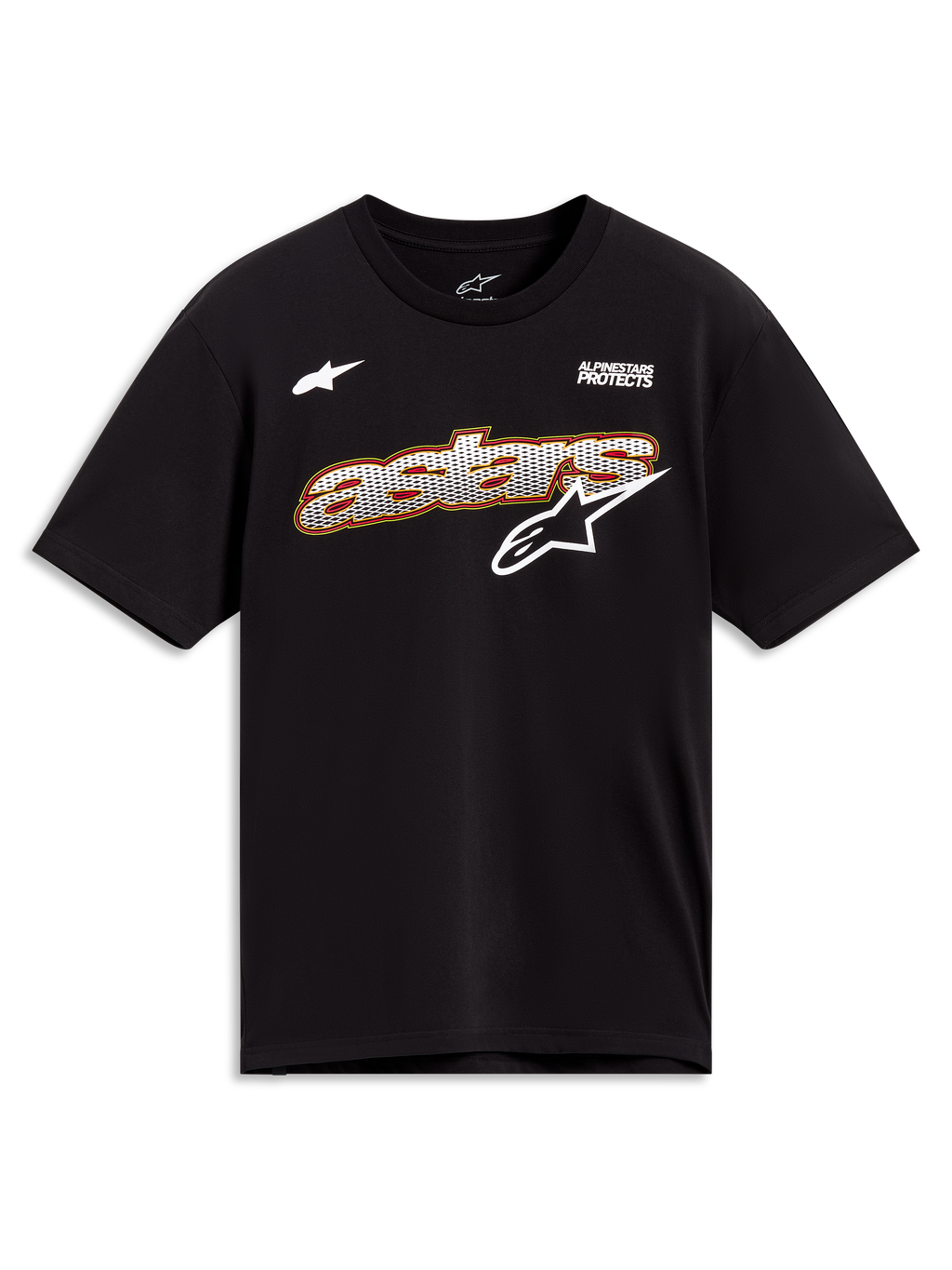 Alpinestars Cypress CSF Tee, czarna koszulka z krótkim rękawem, biała grafika Astars z wypełnieniem siatkowym, odzież sportowa.