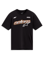Alpinestars Cypress CSF Tee, czarna koszulka z krótkim rękawem, biała grafika Astars z wypełnieniem siatkowym, odzież sportowa.