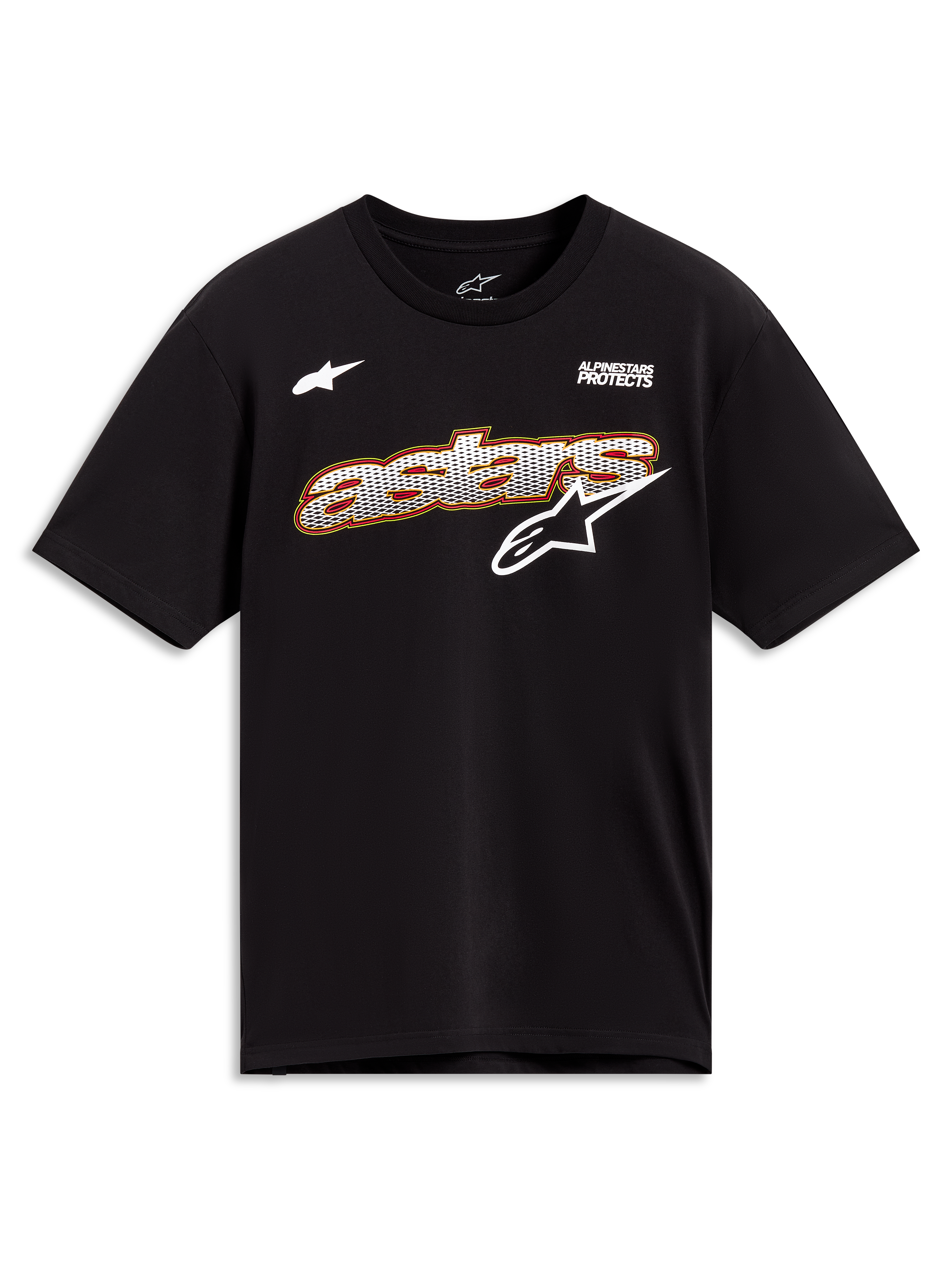 Alpinestars Cypress CSF Tee, czarna koszulka z krótkim rękawem, biała grafika Astars z wypełnieniem siatkowym, odzież sportowa.