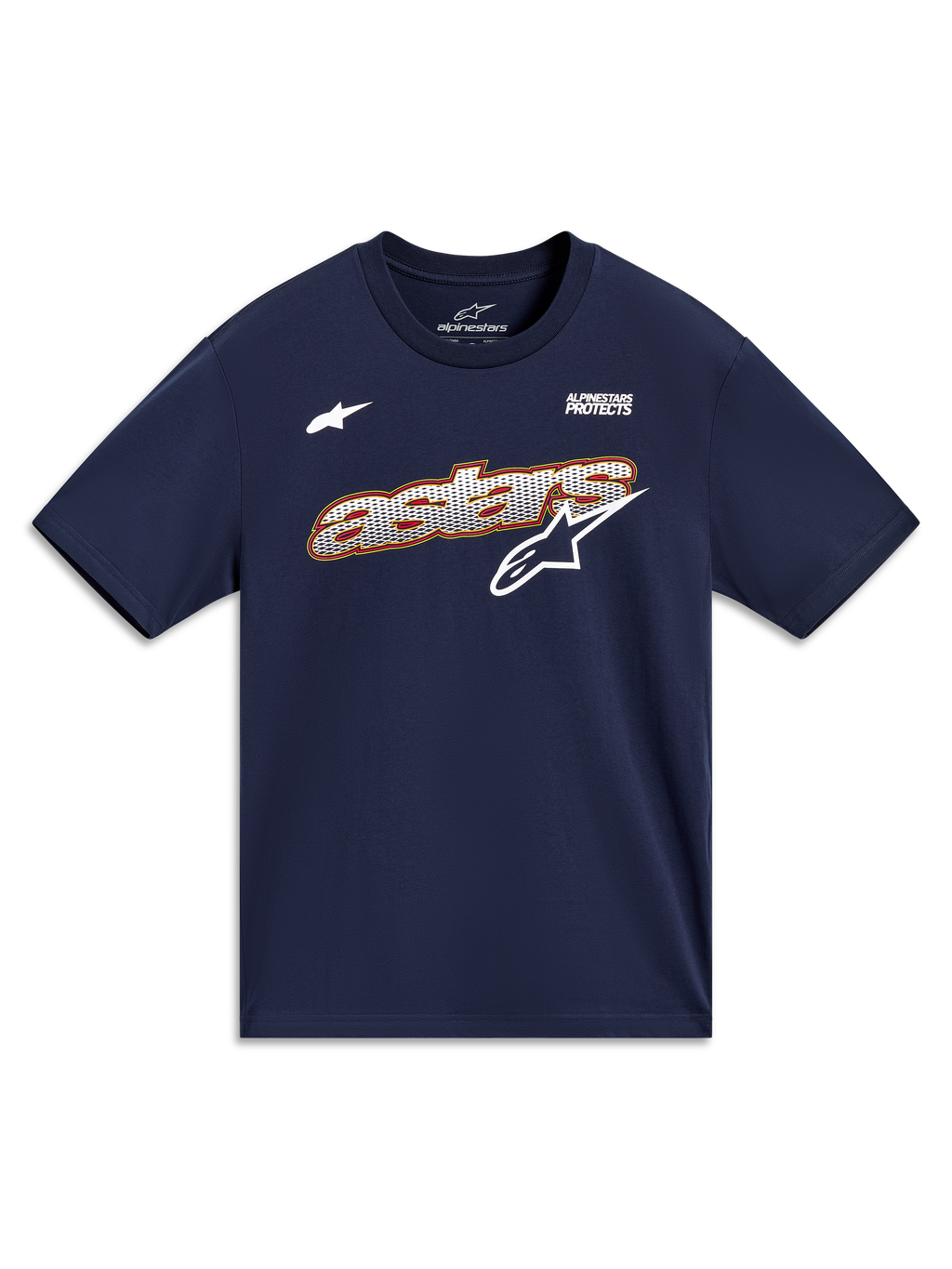 Alpinestars Cypress CSF Tee, granatowa koszulka z krótkim rękawem, grafika Astars i motto Alpinestars Protects.