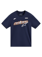 Alpinestars Cypress CSF Tee, granatowa koszulka z krótkim rękawem, grafika Astars i motto Alpinestars Protects.