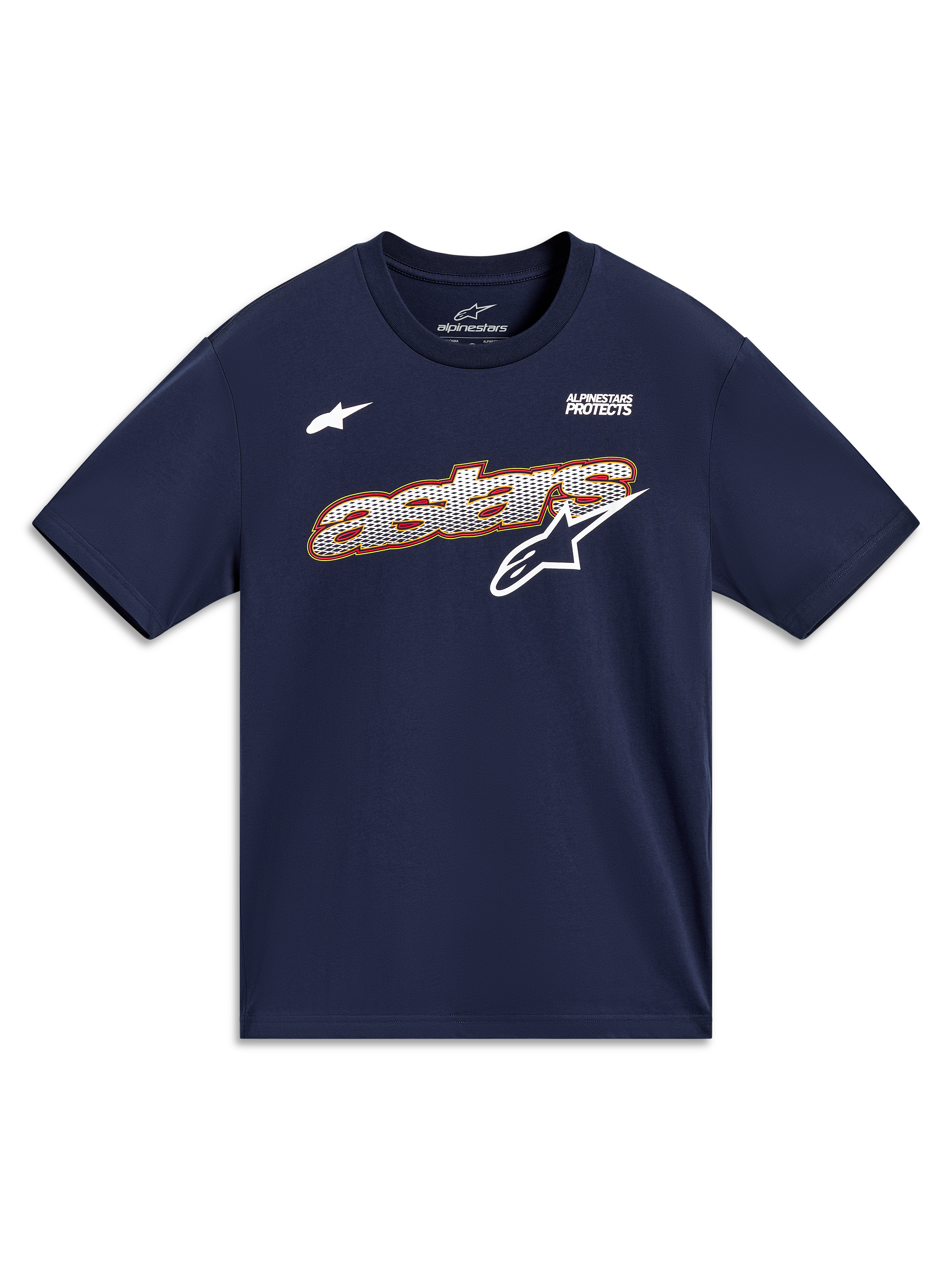 Alpinestars Cypress CSF Tee, granatowa koszulka z krótkim rękawem, grafika Astars i motto Alpinestars Protects.