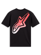 Alpinestars Meteor CSF Tee, czarna koszulka z krótkim rękawem, duże czerwono-białe logo MX na plecach, odzież sportowa.