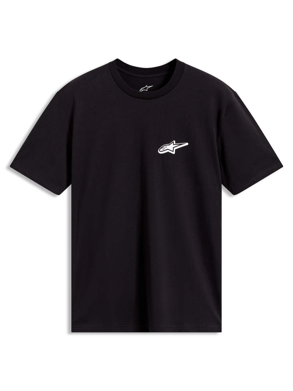 Alpinestars Meteor CSF Tee, czarna koszulka z krótkim rękawem, białe logo Astars na piersi, sportowa odzież codzienna.