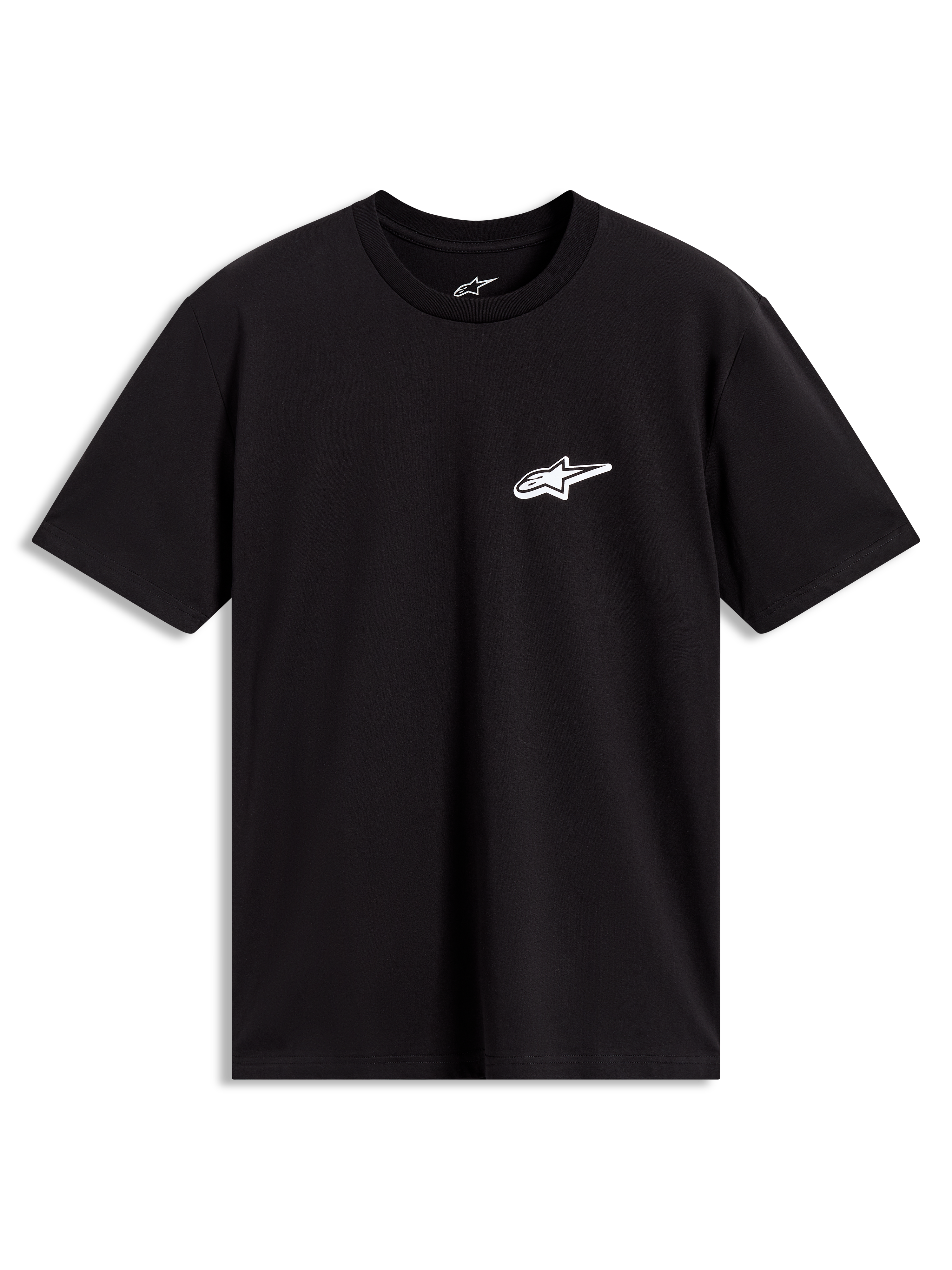Alpinestars Meteor CSF Tee, czarna koszulka z krótkim rękawem, białe logo Astars na piersi, sportowa odzież codzienna.