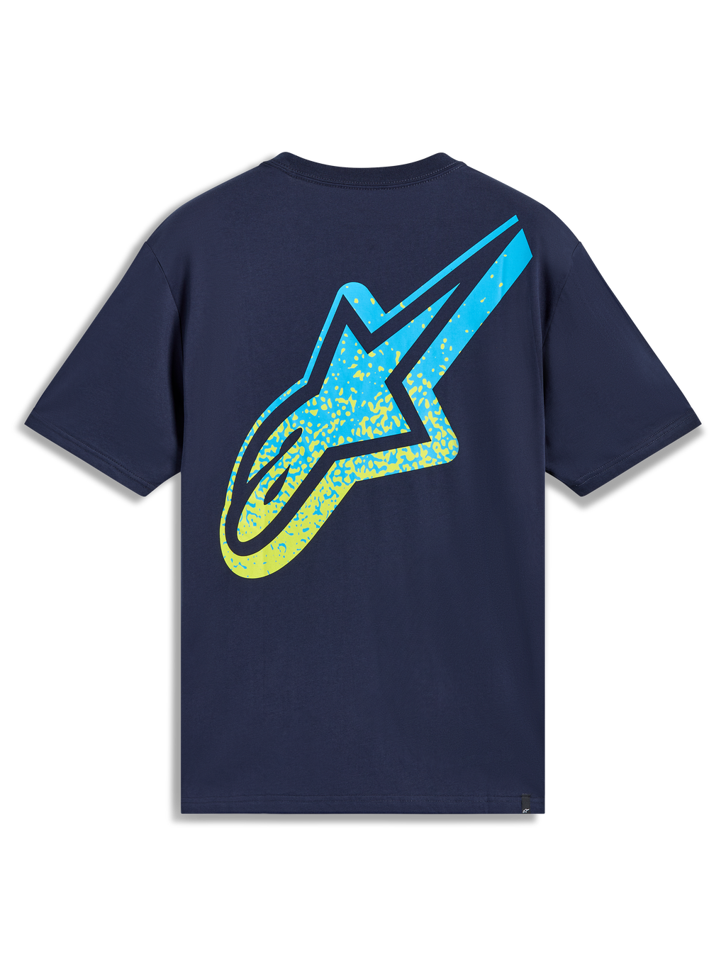 Alpinestars Meteor CSF Tee, granatowa koszulka z krótkim rękawem, żółto-niebieskie logo Astars z gradientem, odzież sportowa.