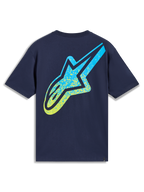 Alpinestars Meteor CSF Tee, granatowa koszulka z krótkim rękawem, żółto-niebieskie logo Astars z gradientem, odzież sportowa.