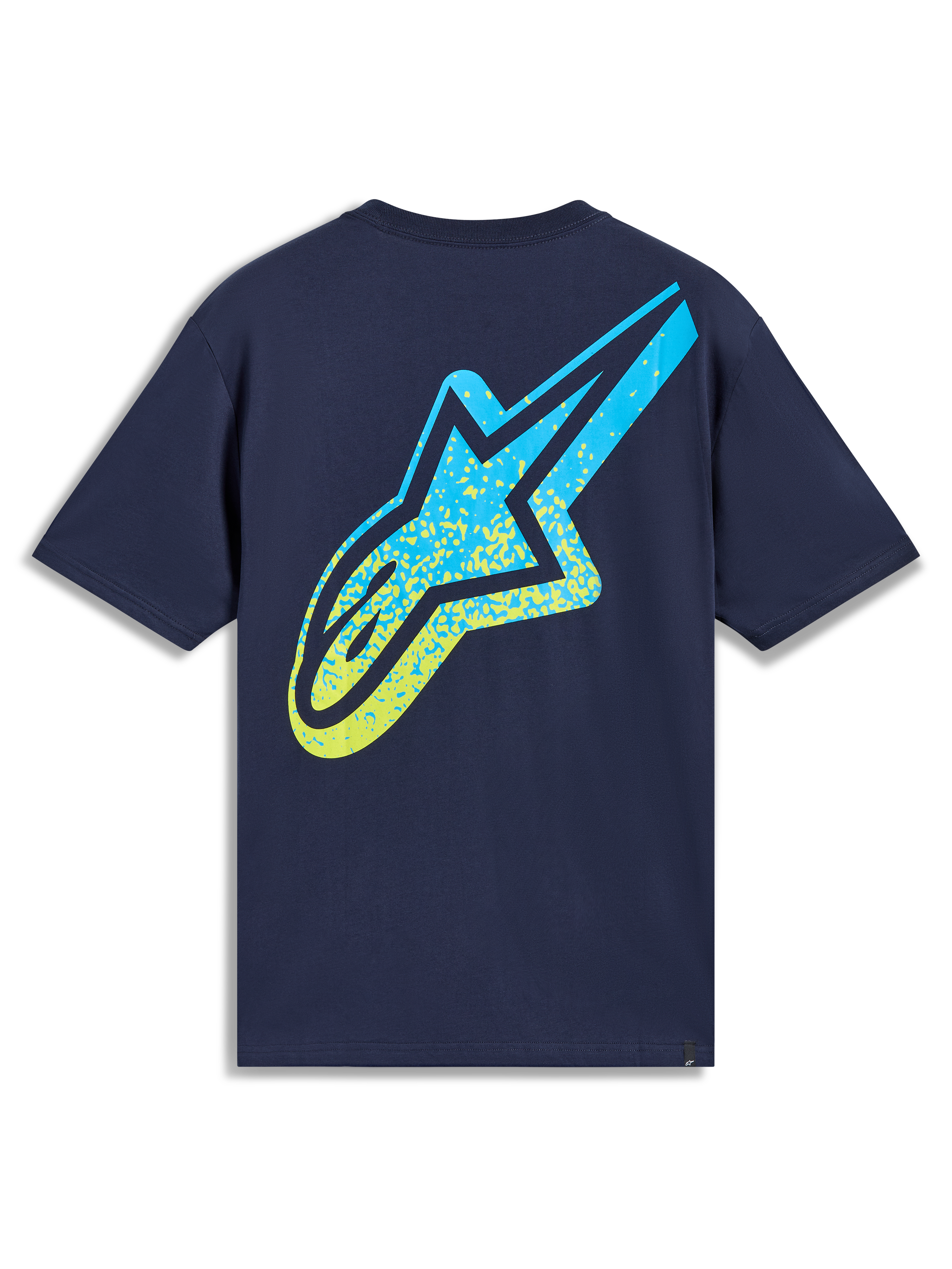 Alpinestars Meteor CSF Tee, granatowa koszulka z krótkim rękawem, żółto-niebieskie logo Astars z gradientem, odzież sportowa.