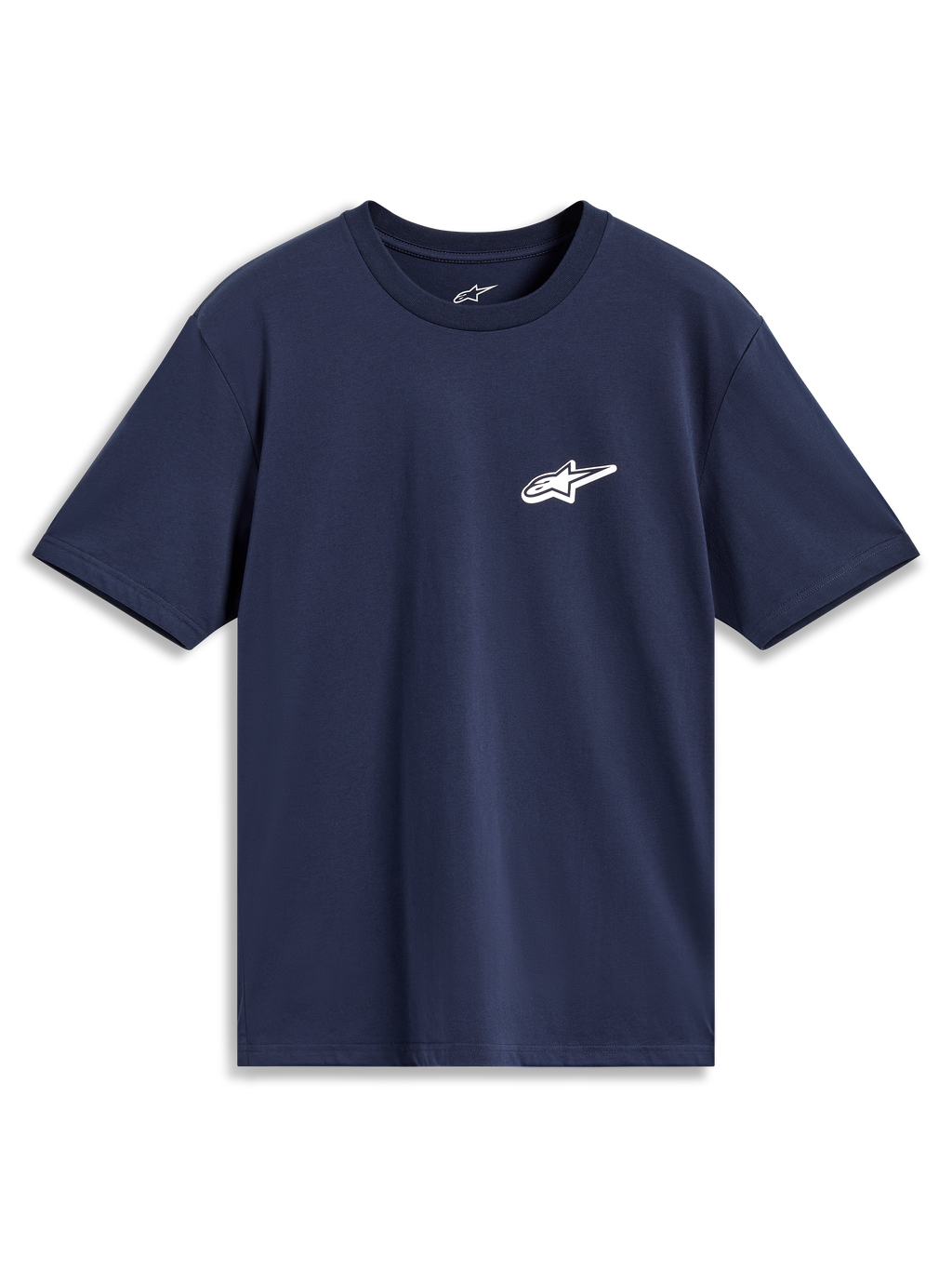 Alpinestars Meteor CSF Tee, granatowa koszulka z krótkim rękawem, małe białe logo Astars na piersi, casualowa odzież sportowa.