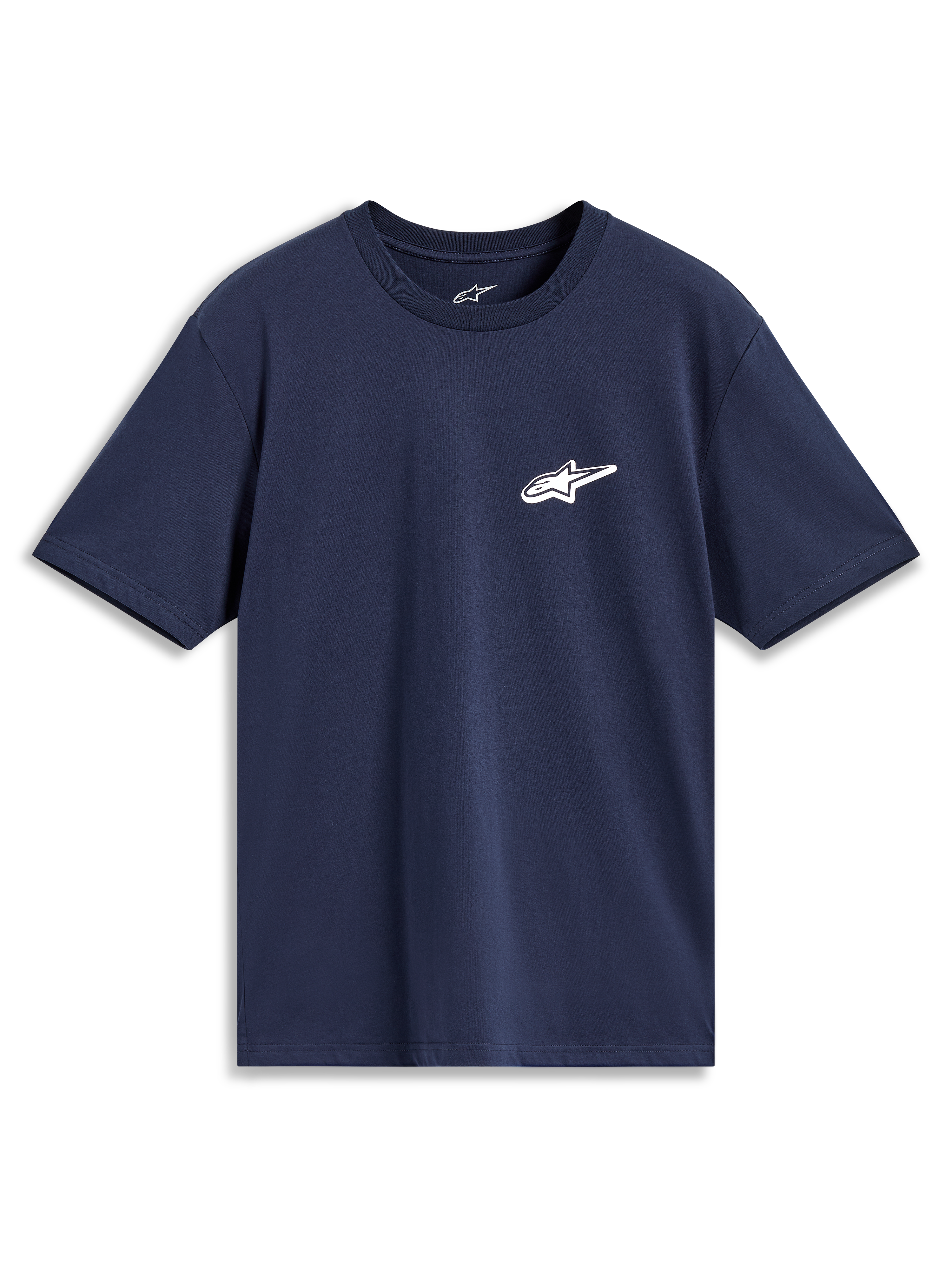 Alpinestars Meteor CSF Tee, granatowa koszulka z krótkim rękawem, małe białe logo Astars na piersi, casualowa odzież sportowa.
