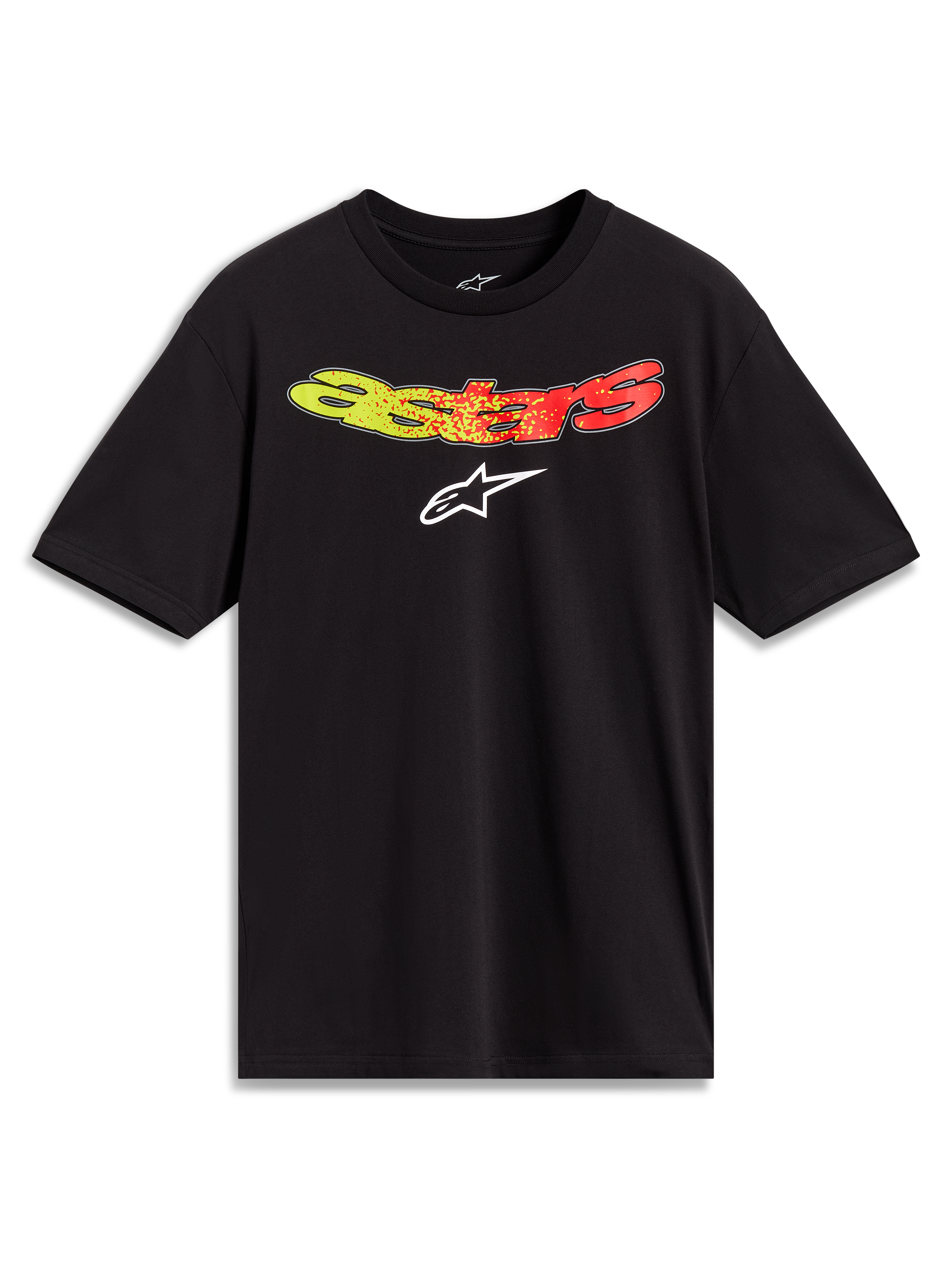 Alpinestars Elliptogrit CSF Tee, black short sleeve t-shirt with yellow and red gradient Astars wordmark.