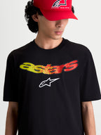 Alpinestars Elliptogrit CSF Tee, Short Sleeve Sportswear, Unisex, Black, featuring a yellow and red gradient Astars wordmark and white logo chest graphic, on-model front view.