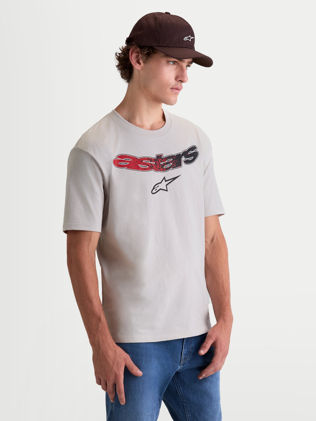 Alpinestars Elliptogrit CSF Tee, Short Sleeve Sportswear T-Shirt, Unisex, Cement Gray with Red and Black Astars Wordmark Graphic, Soft-Hand Gradient Print, Cotton-Poly Blend for Everyday Wear.