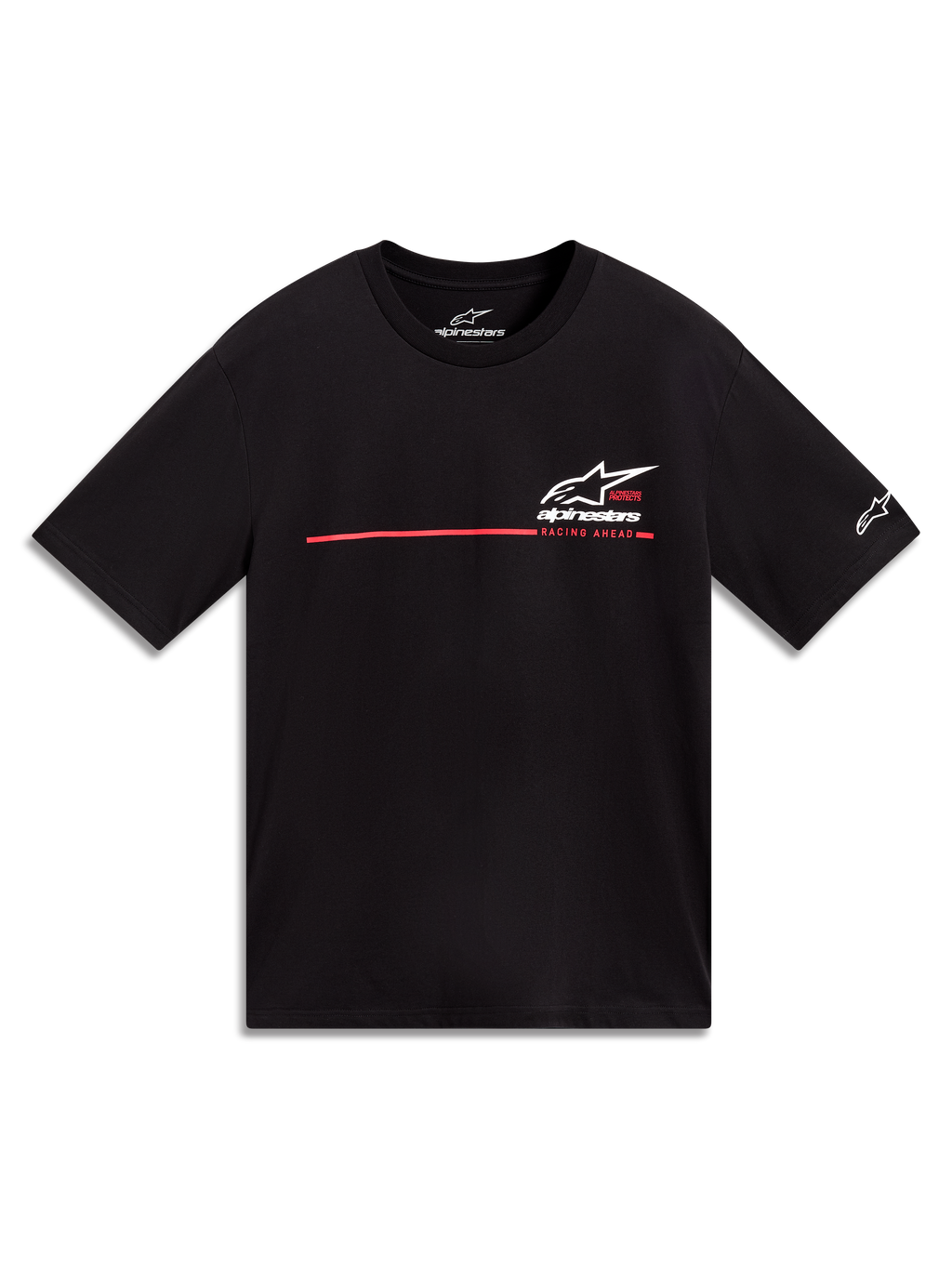 Alpinestars P1 CSF Tee, czarna koszulka z krótkim rękawem, białe logo Astars i czerwona grafika w paski wyścigowe.