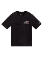 Alpinestars P1 CSF Tee, czarna koszulka z krótkim rękawem, białe logo Astars i czerwona grafika w paski wyścigowe.
