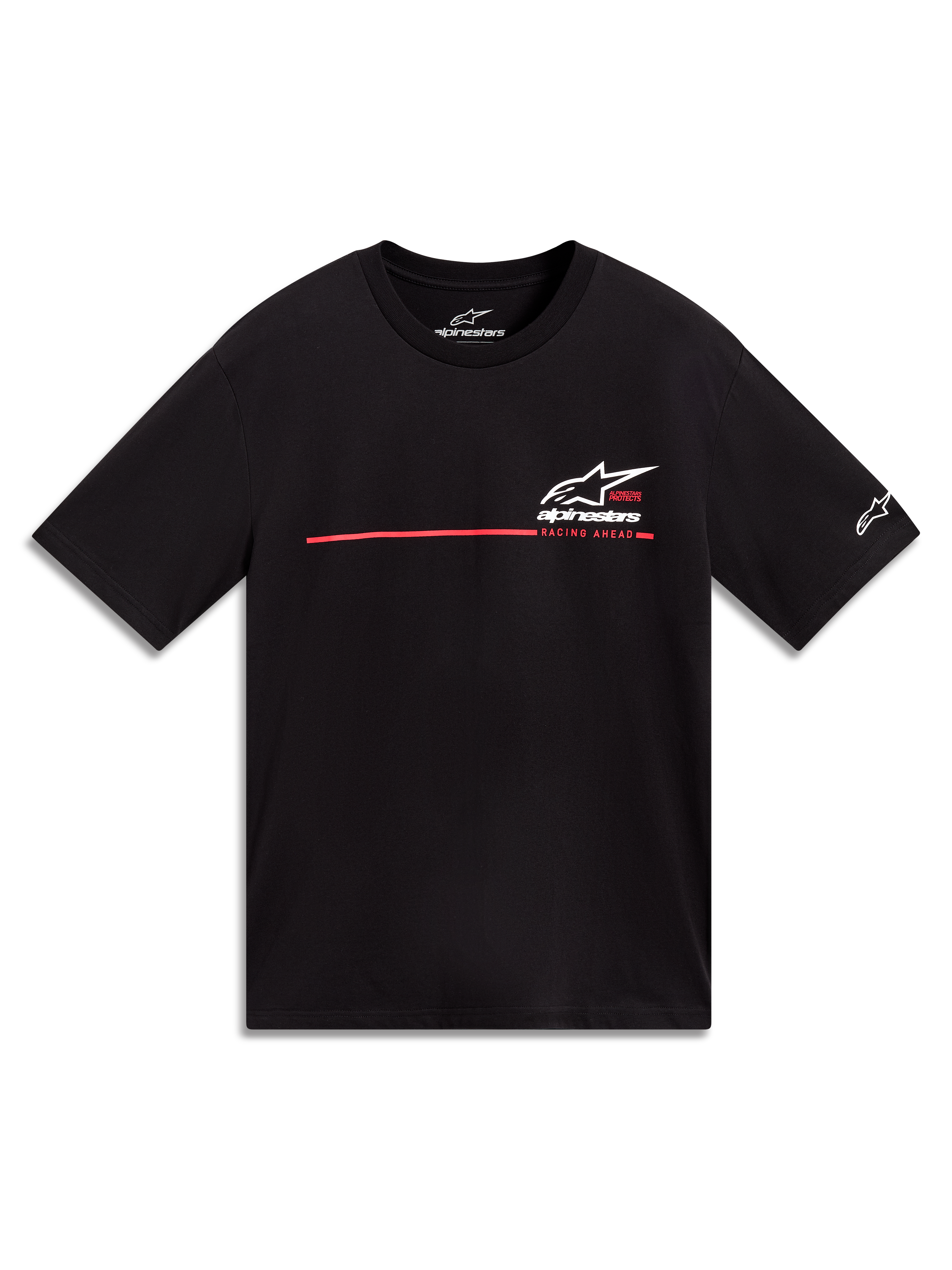 Alpinestars P1 CSF Tee, czarna koszulka z krótkim rękawem, białe logo Astars i czerwona grafika w paski wyścigowe.