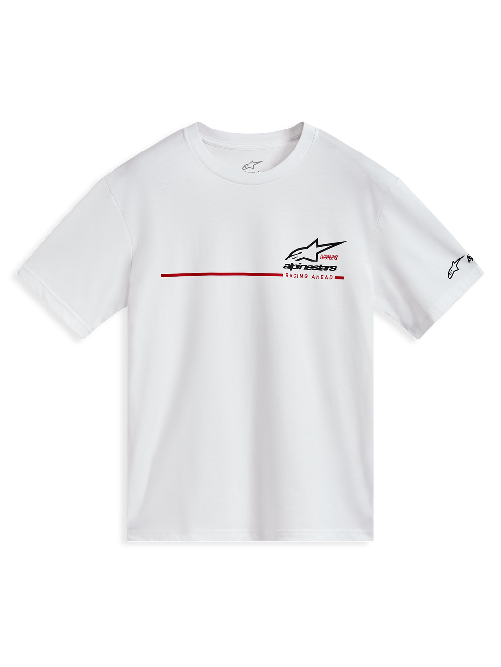 Alpinestars P1 CSF Short Sleeve Tee, White, casual sportswear shirt with red race stripe and black logo graphics.