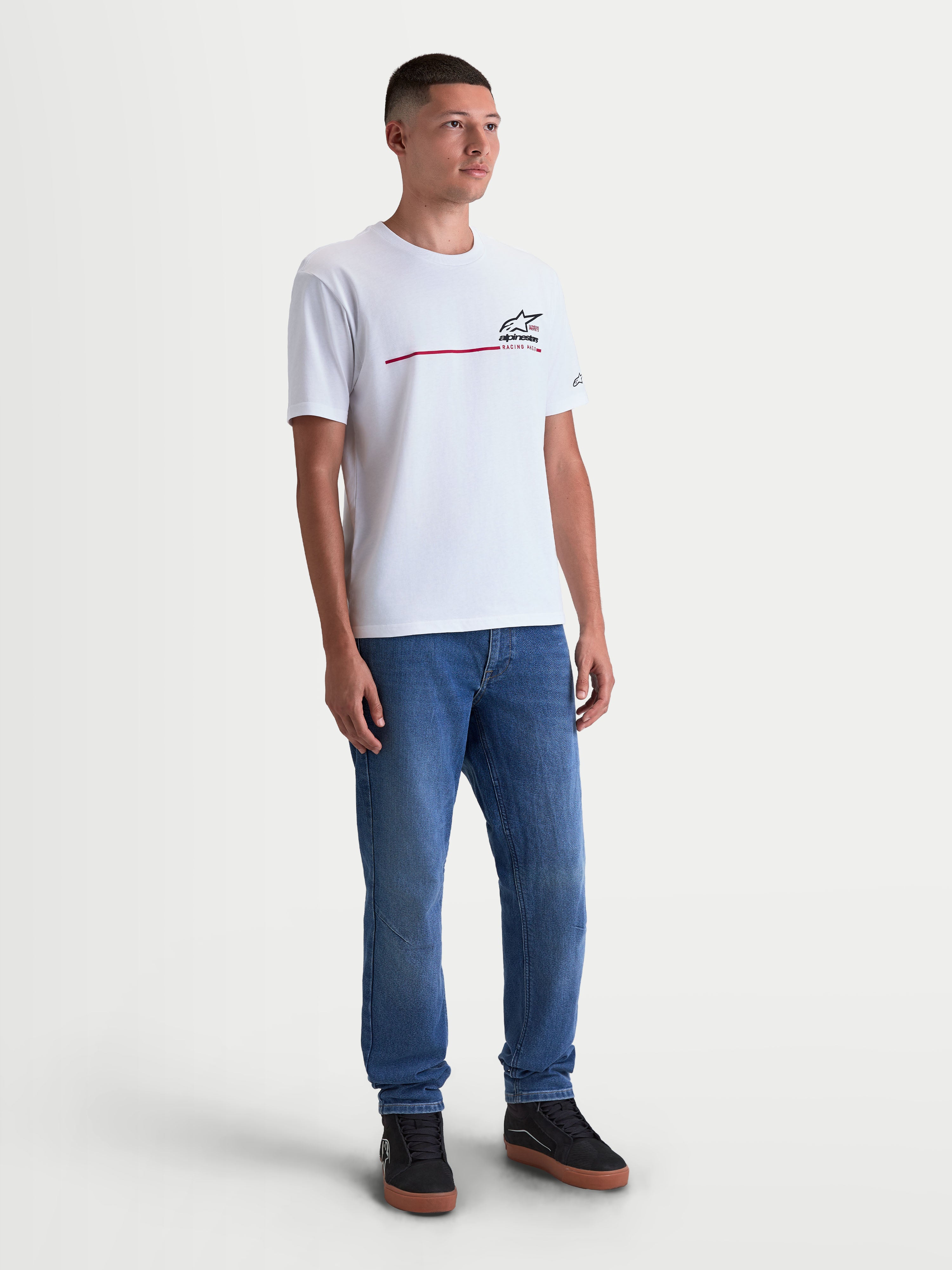 Alpinestars P1 CSF Tee, Short Sleeve Sportswear T-Shirt, Unisex, White, featuring a black race stripe logo graphic with a soft-hand print finish, constructed from a comfortable 60/40 cotton-poly blend for everyday casual wear.