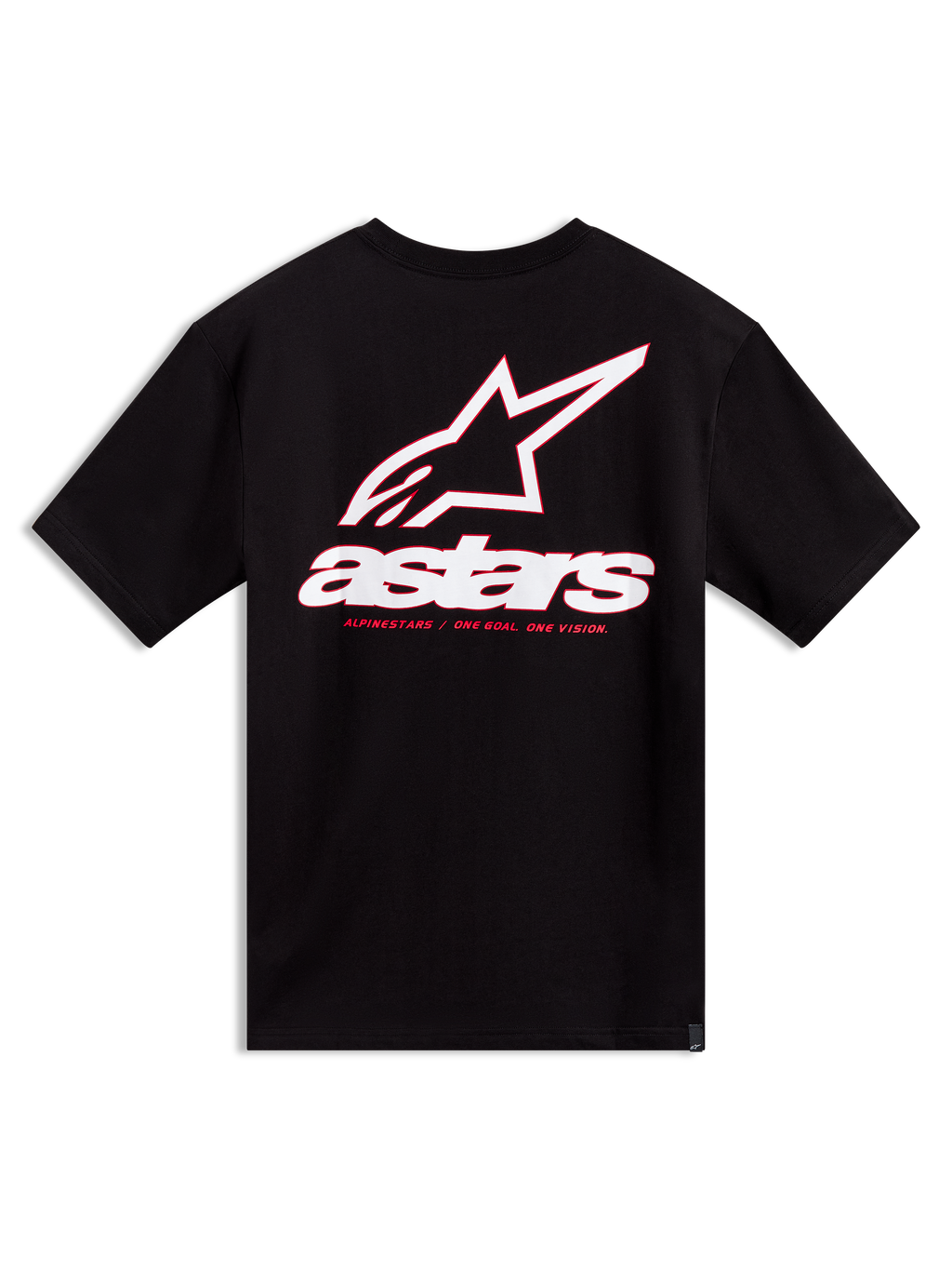 Alpinestars Lineout CSF Tee, czarna koszulka z krótkim rękawem, duża biało-czerwona grafika logo Astars na plecach.