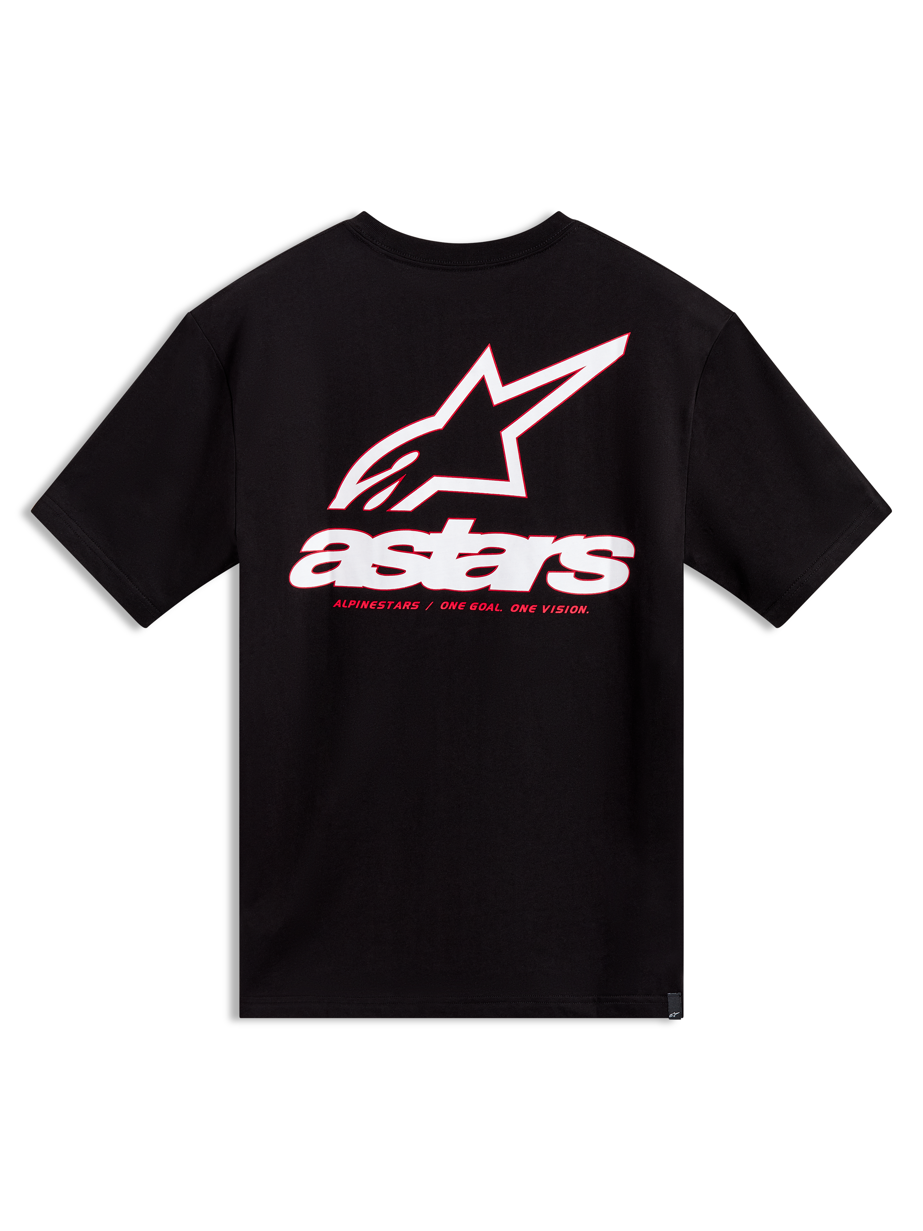 Alpinestars Lineout CSF Tee, czarna koszulka z krótkim rękawem, duża biało-czerwona grafika logo Astars na plecach.