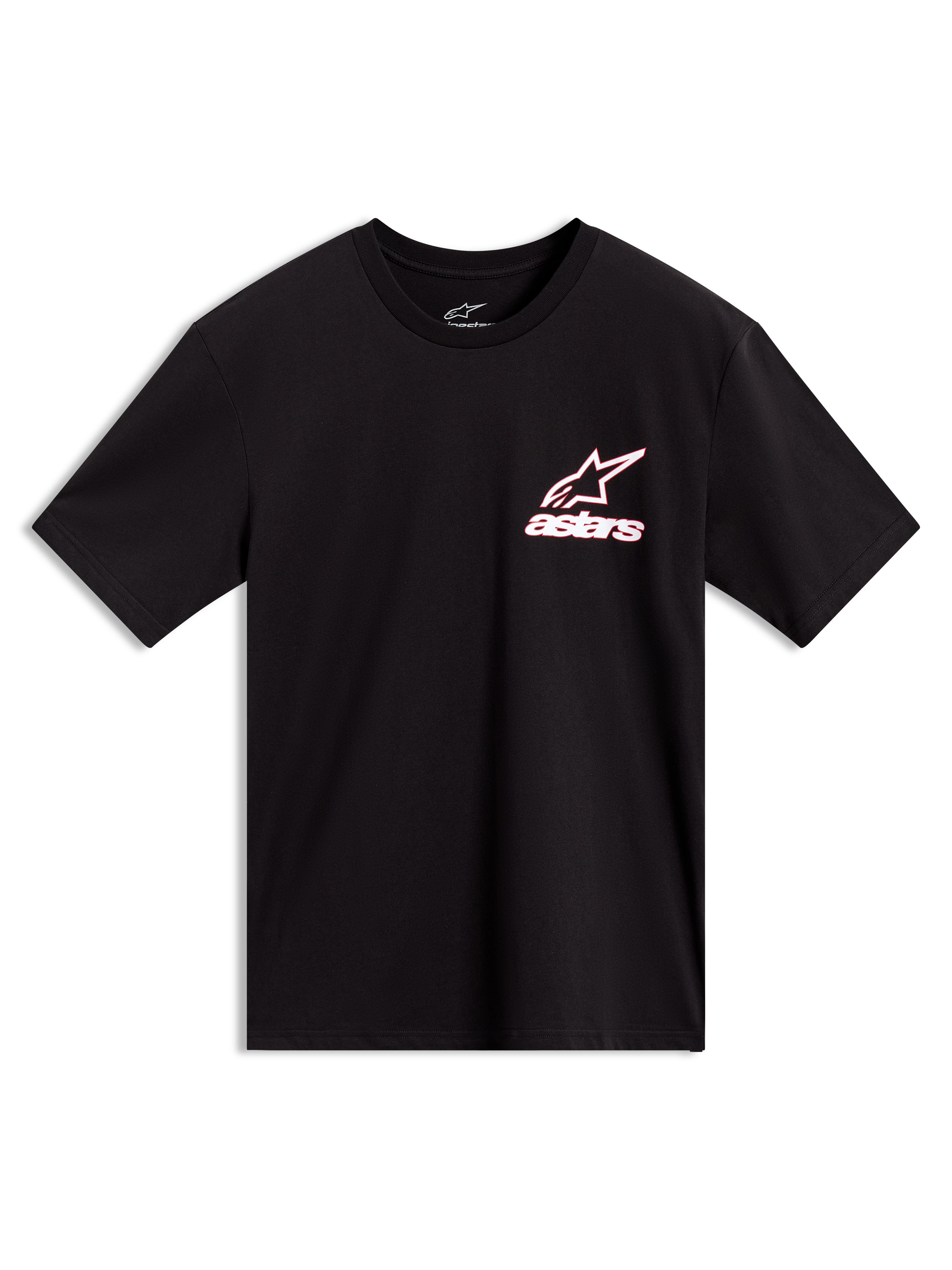 Alpinestars Lineout CSF Tee, czarna koszulka z krótkim rękawem, biało-czerwone konturowe logo Astars na piersi.