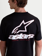 Alpinestars Koszulka Lineout CSF, czarna koszulka z krótkim rękawem, duża biała i czerwona grafika logo Astars na plecach, casualowa odzież sportowa unisex, mieszanka bawełny i poliestru, z mottem One Goal One Vision.