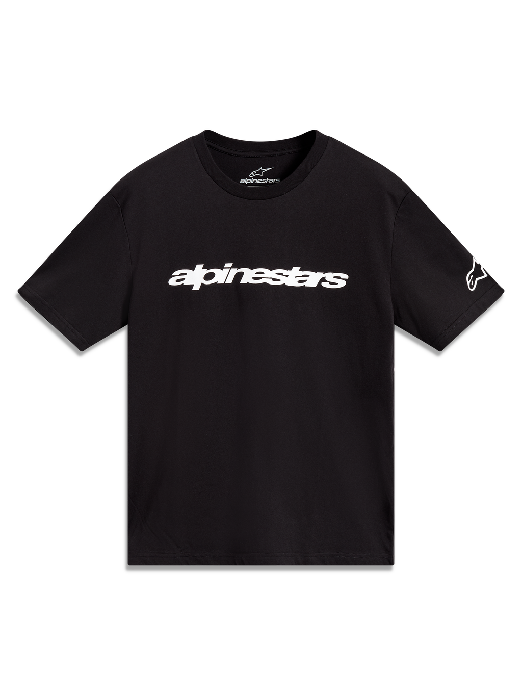 Alpinestars Race Wordmark CSF Tee, czarna koszulka z krótkim rękawem, białe logo Linear i grafika na rękawie.