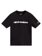 Alpinestars Race Wordmark CSF Tee, czarna koszulka z krótkim rękawem, białe logo Linear i grafika na rękawie.
